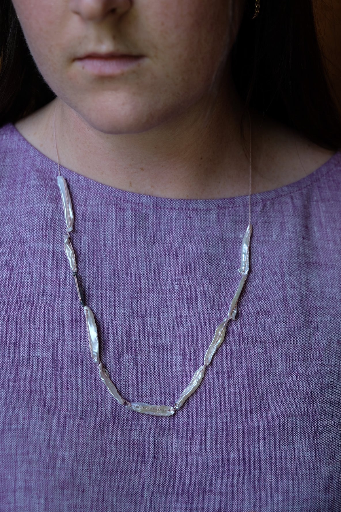 Light Pink silk necklace white and blue pearls