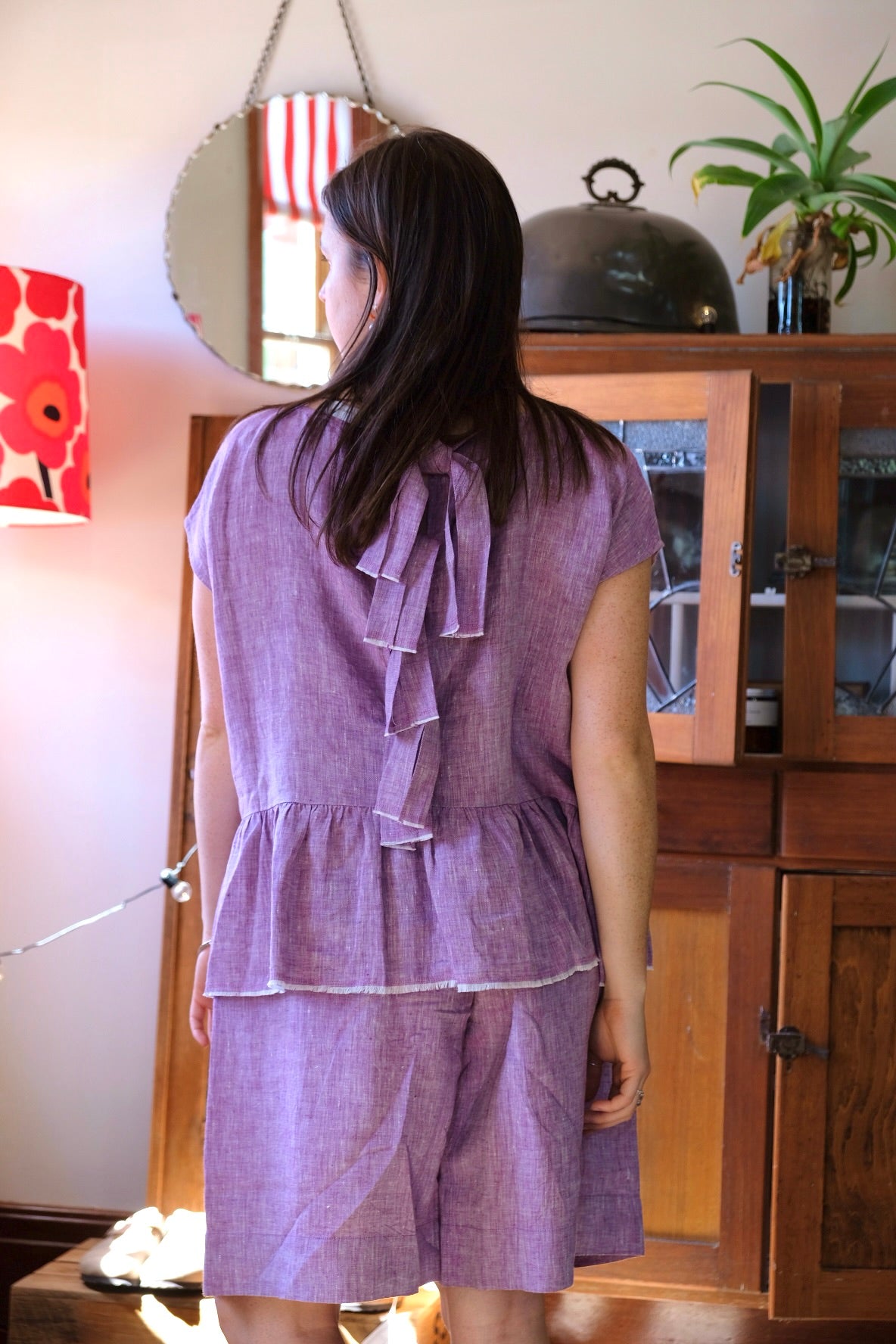 Ida Linen Top with Tie Detail - Lilac/White Cross Dye