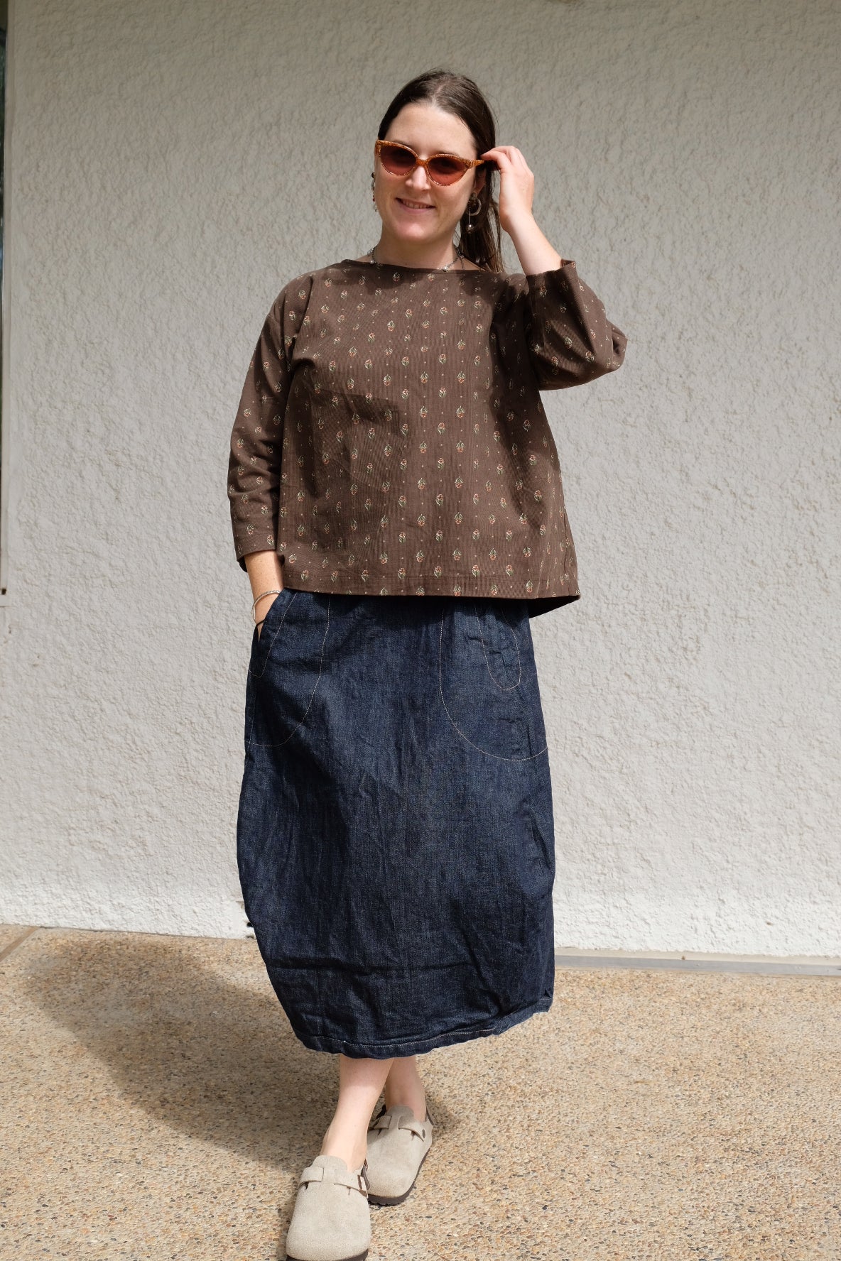 Gertie Top - printed Choc Cord