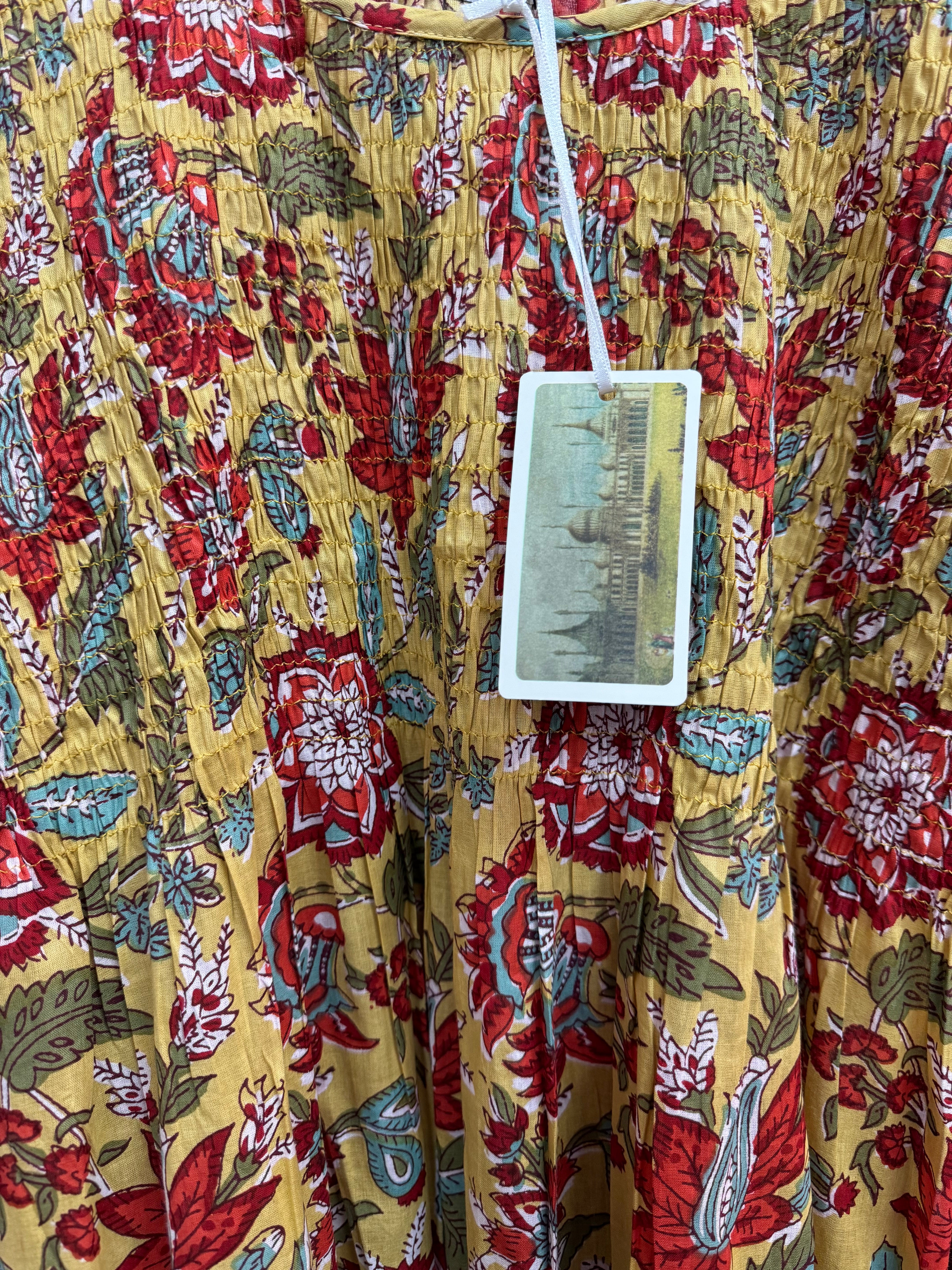 Hand Block Printed Shirred Nightie - Mustard Red Flower Floral