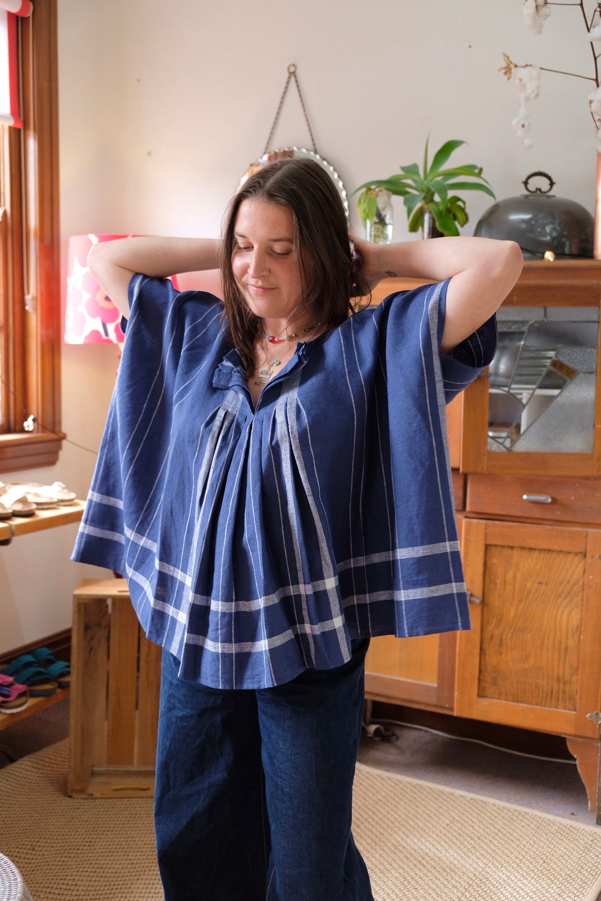 Tuck Top Plaid Linen Indigo