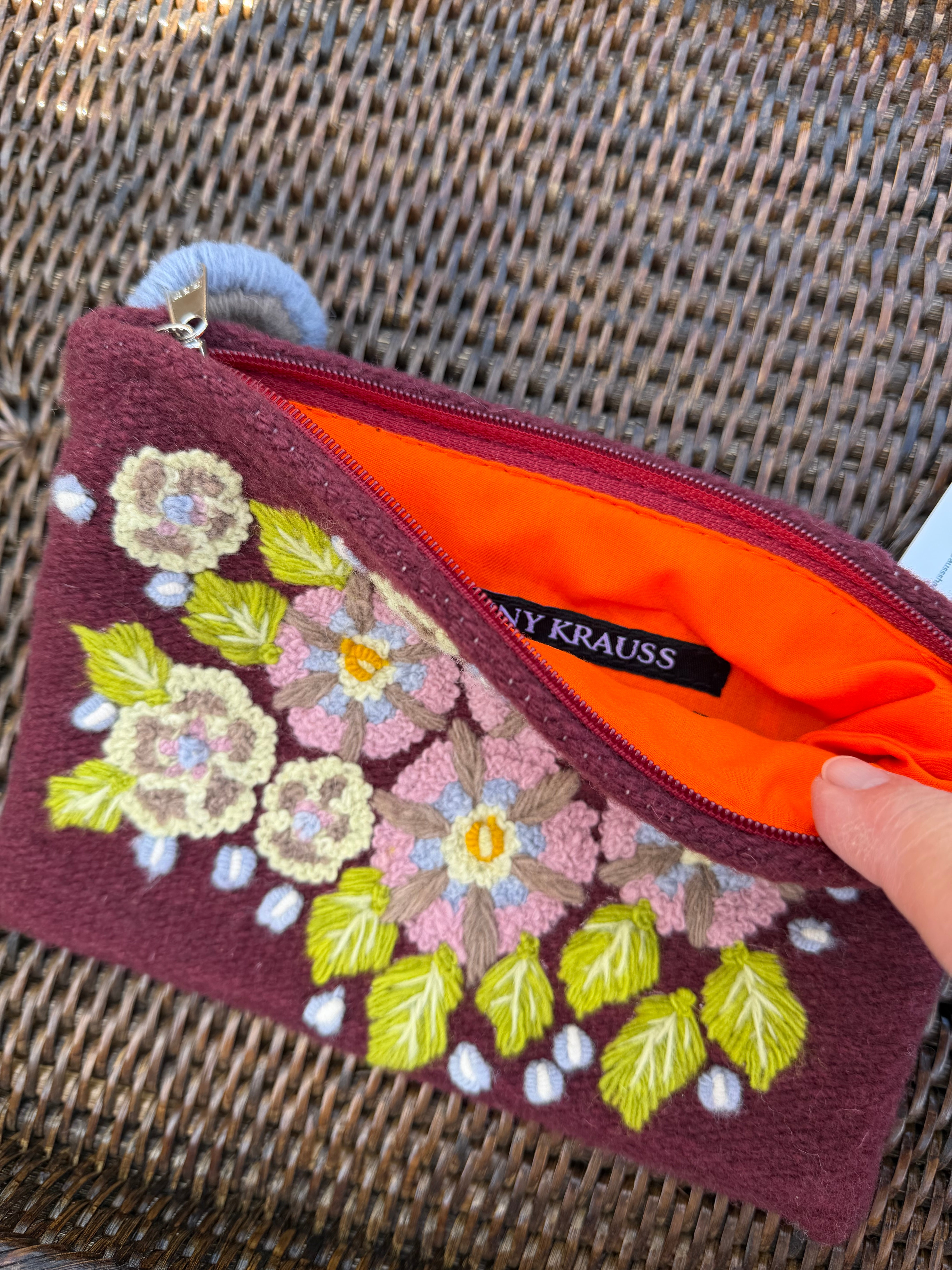 plum floral embroidered wool clutch
