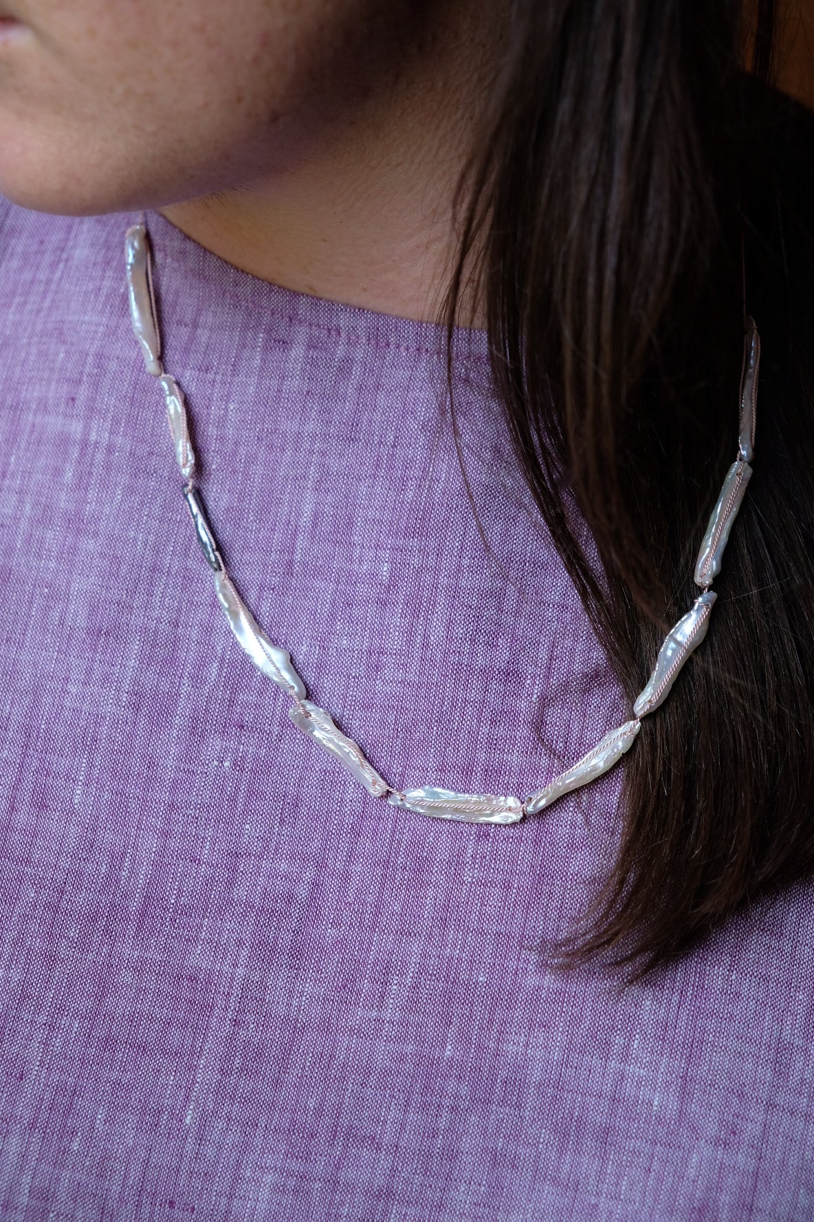 Light Pink silk necklace white and blue pearls
