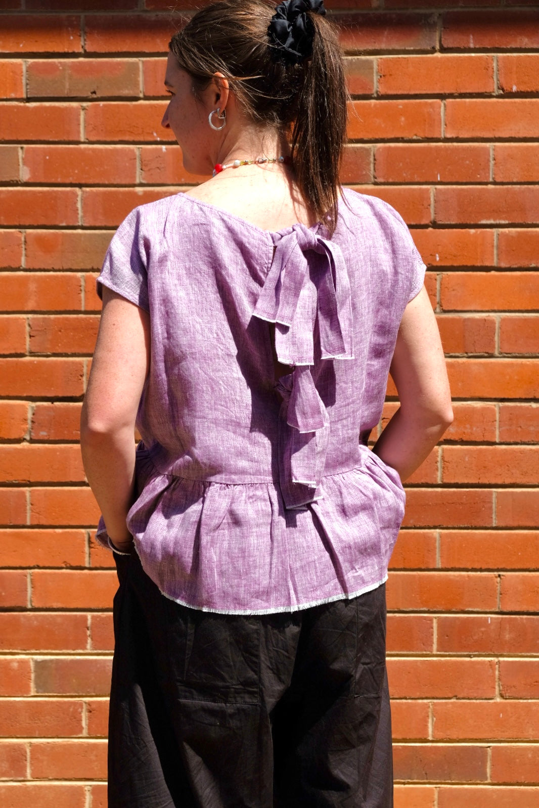 Ida Linen Top with Tie Detail - Lilac/White Cross Dye