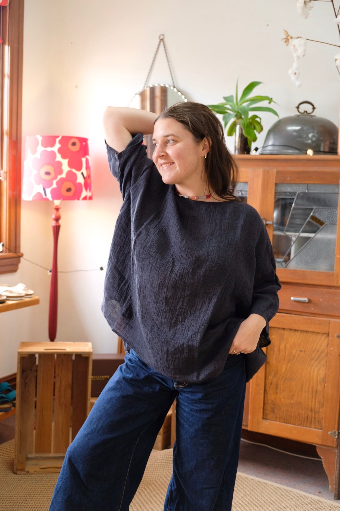 Clara Oversized Linen Gauze Tee - Blackwood
