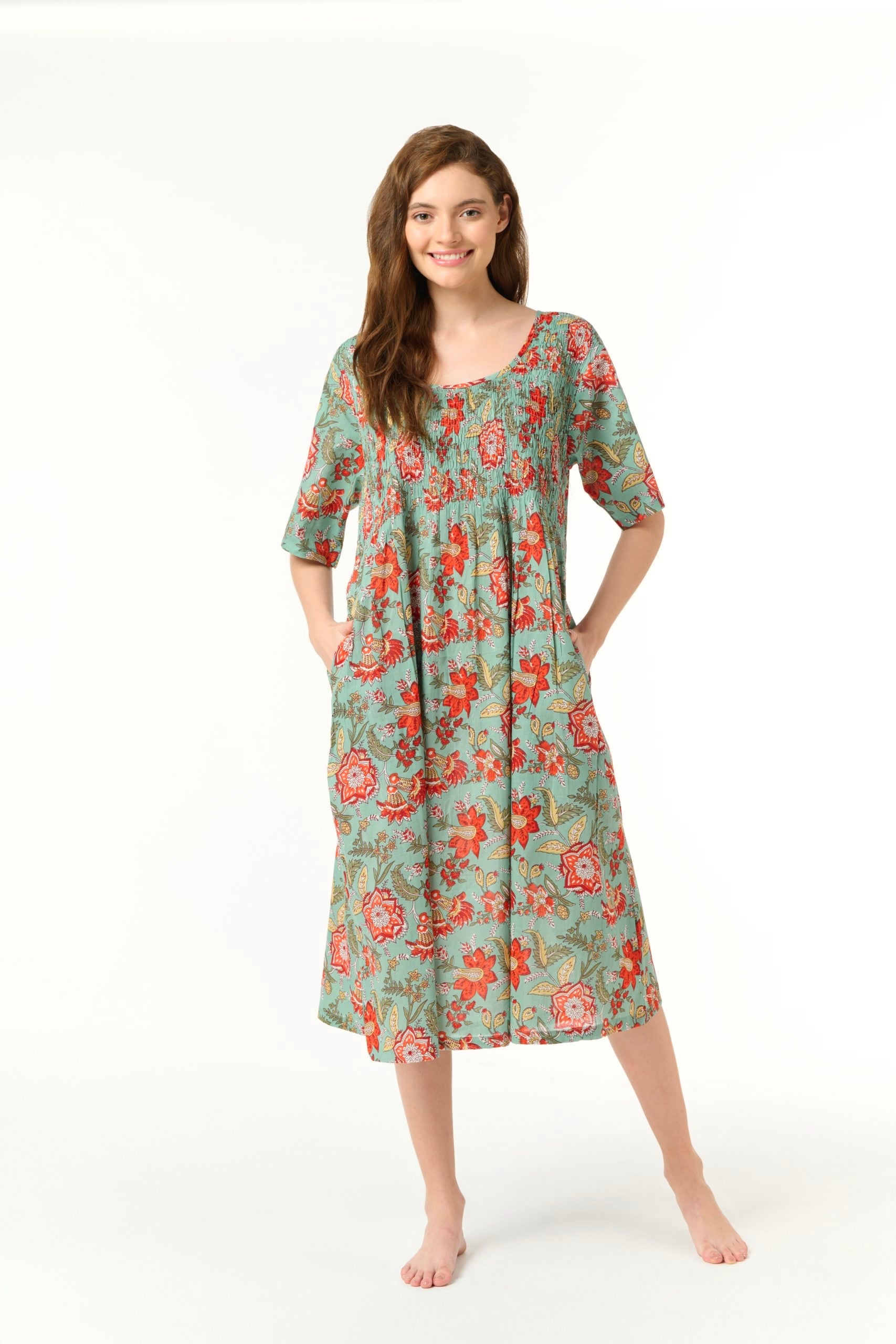 Hand Block Printed Shirred Nightie - Red Floral/Aqua Green