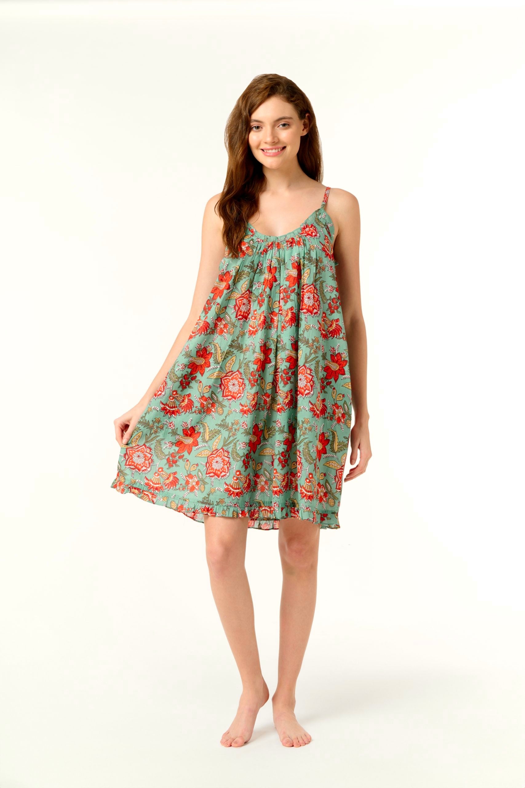 Hand Block Printed Short Nightie - Red floral Aqua Green