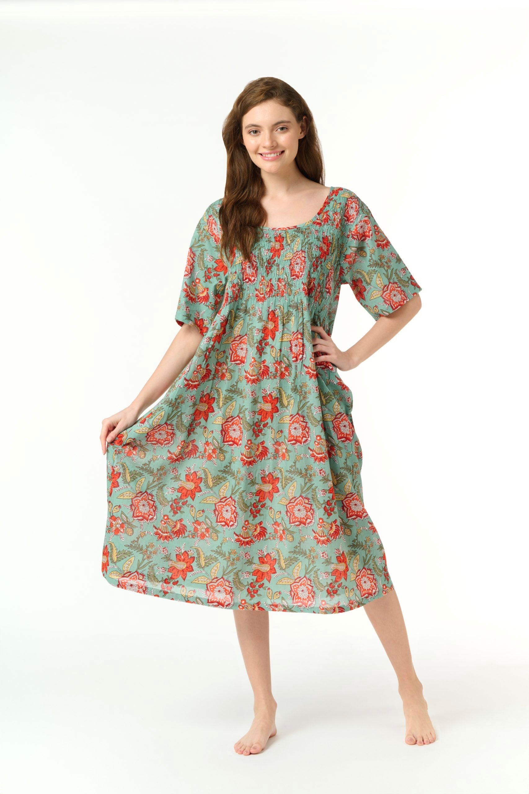 Hand Block Printed Shirred Nightie - Red Floral/Aqua Green