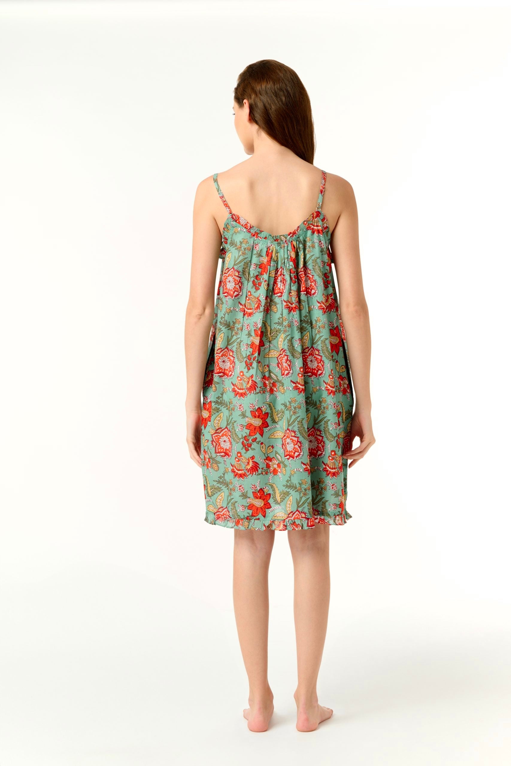 Hand Block Printed Short Nightie - Red floral Aqua Green