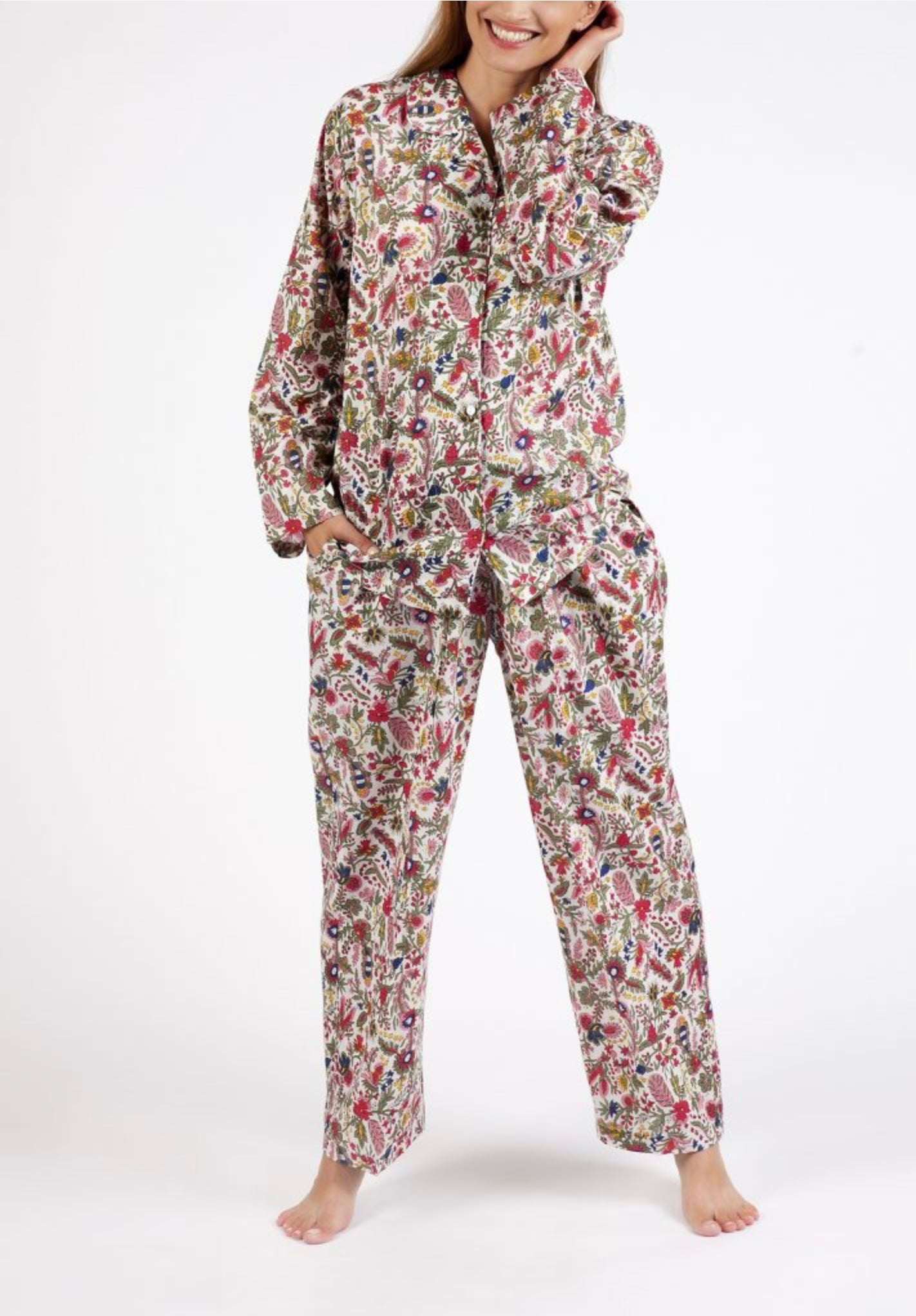 Hand Block Printed Long PJ - Pink/Red Floral