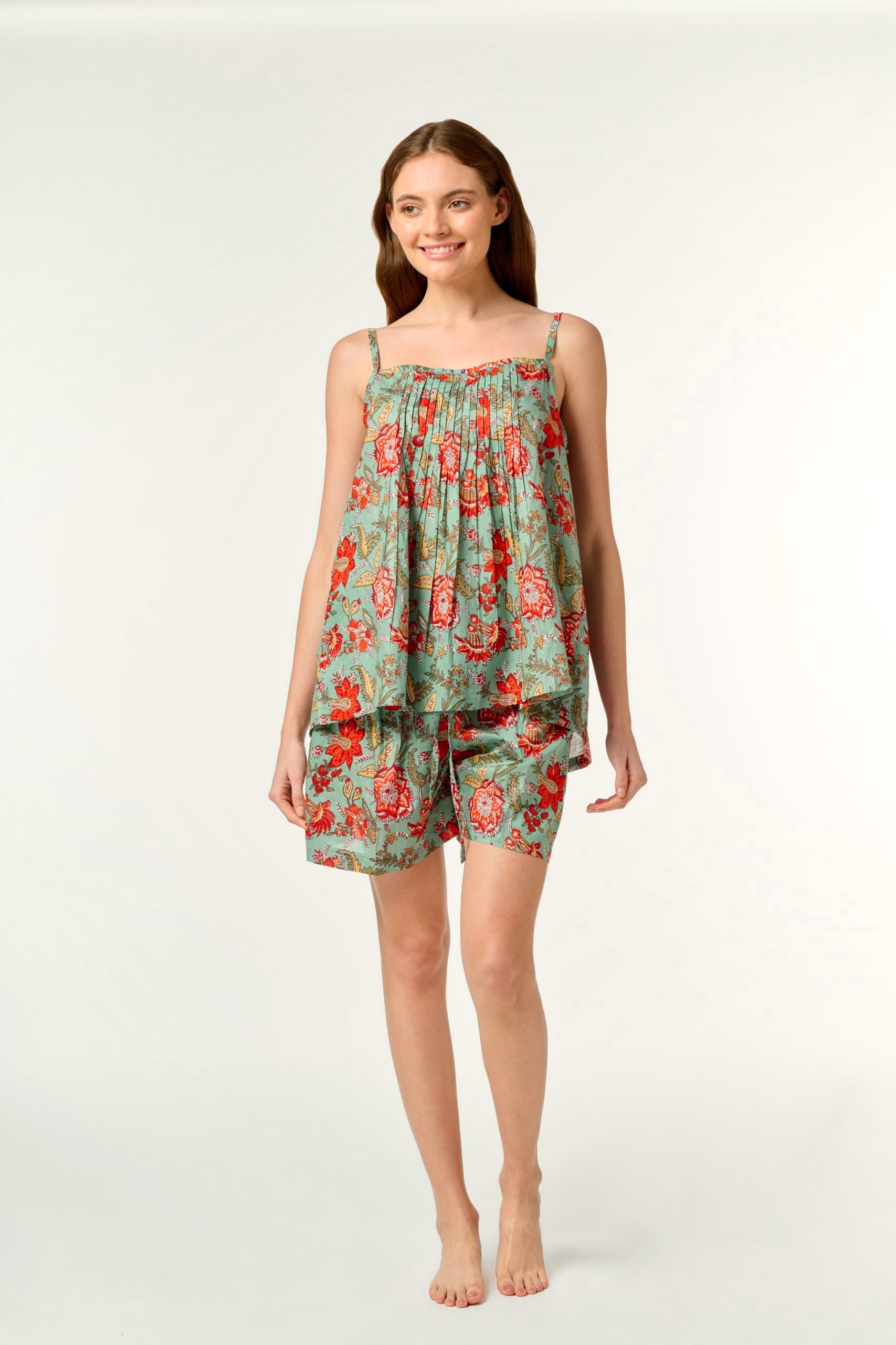 Hand Block Printed Pyjama Set - Red Floral/Aqua Green