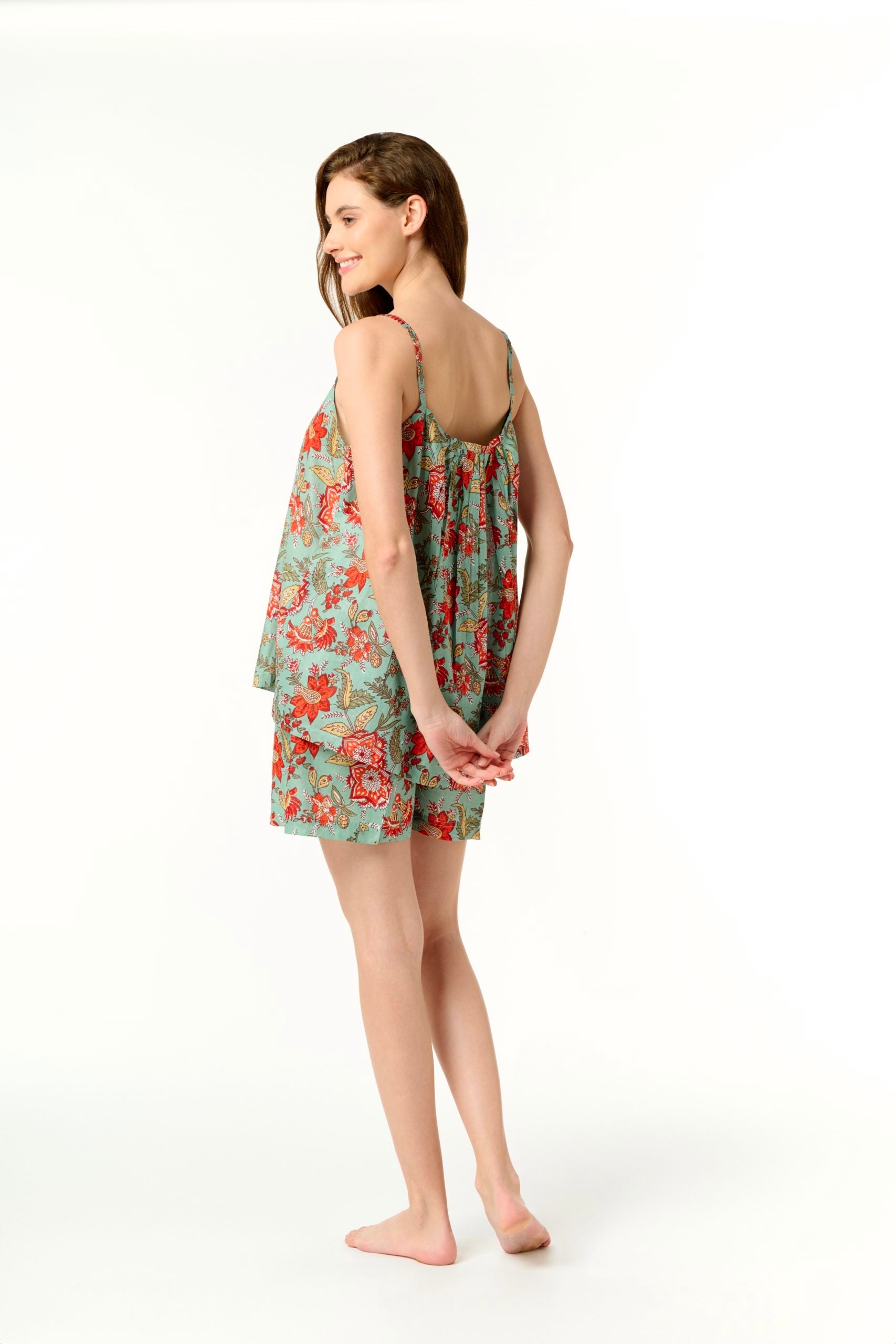 Hand Block Printed Pyjama Set - Red Floral/Aqua Green