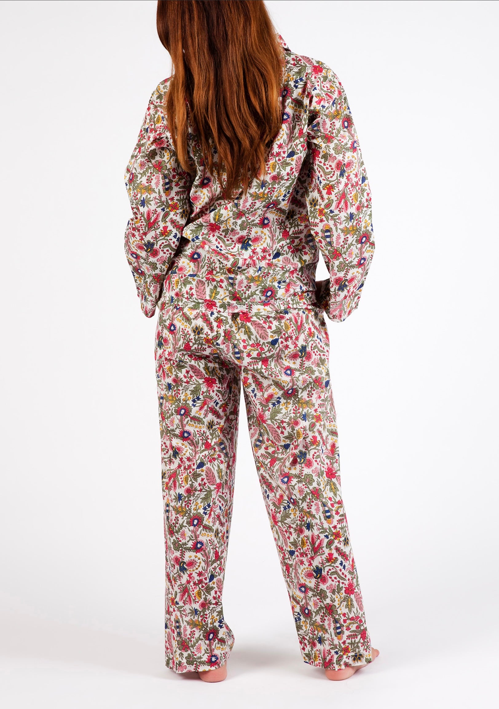 Hand Block Printed Long PJ - Pink/Red Floral