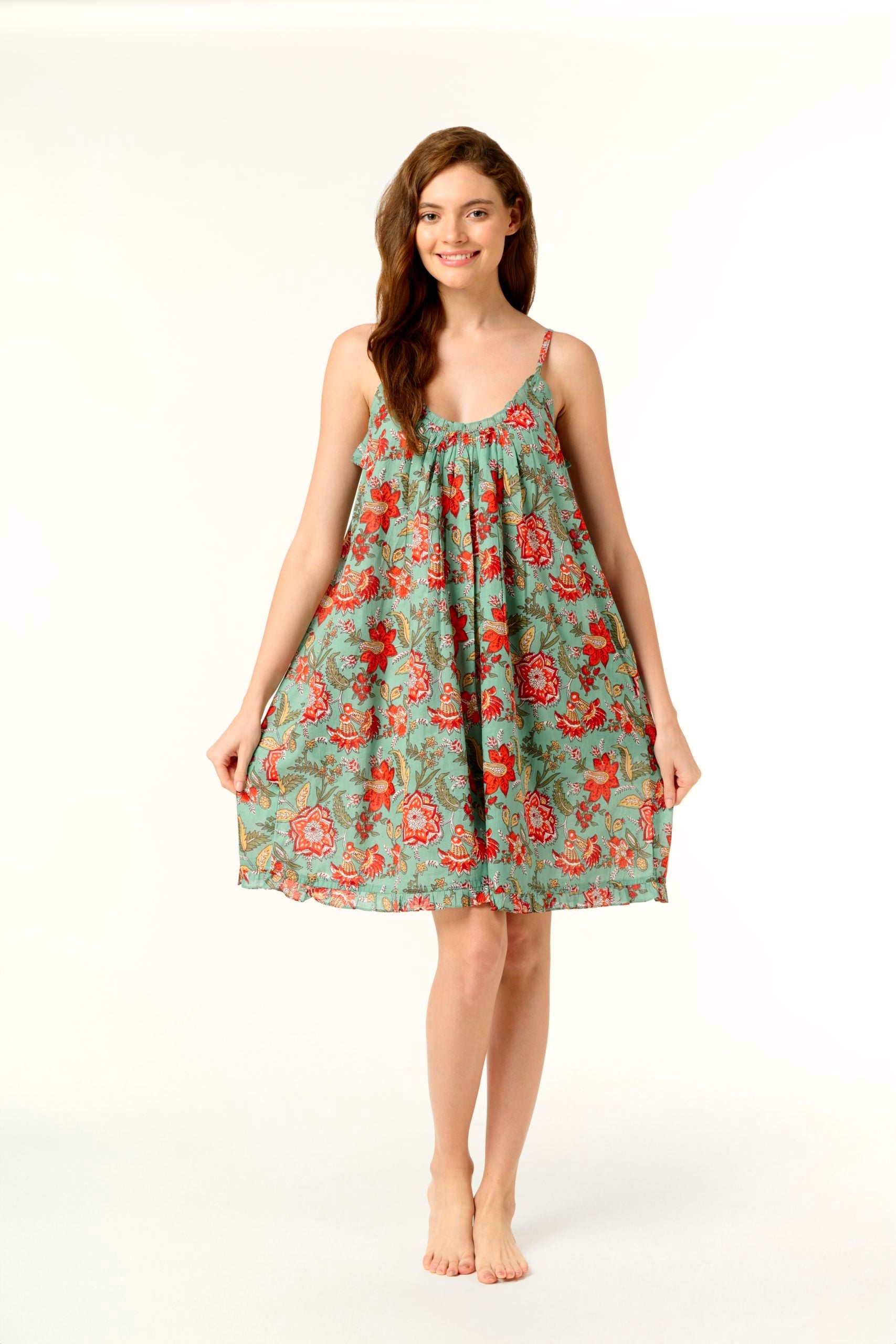 Hand Block Printed Short Nightie - Red floral Aqua Green