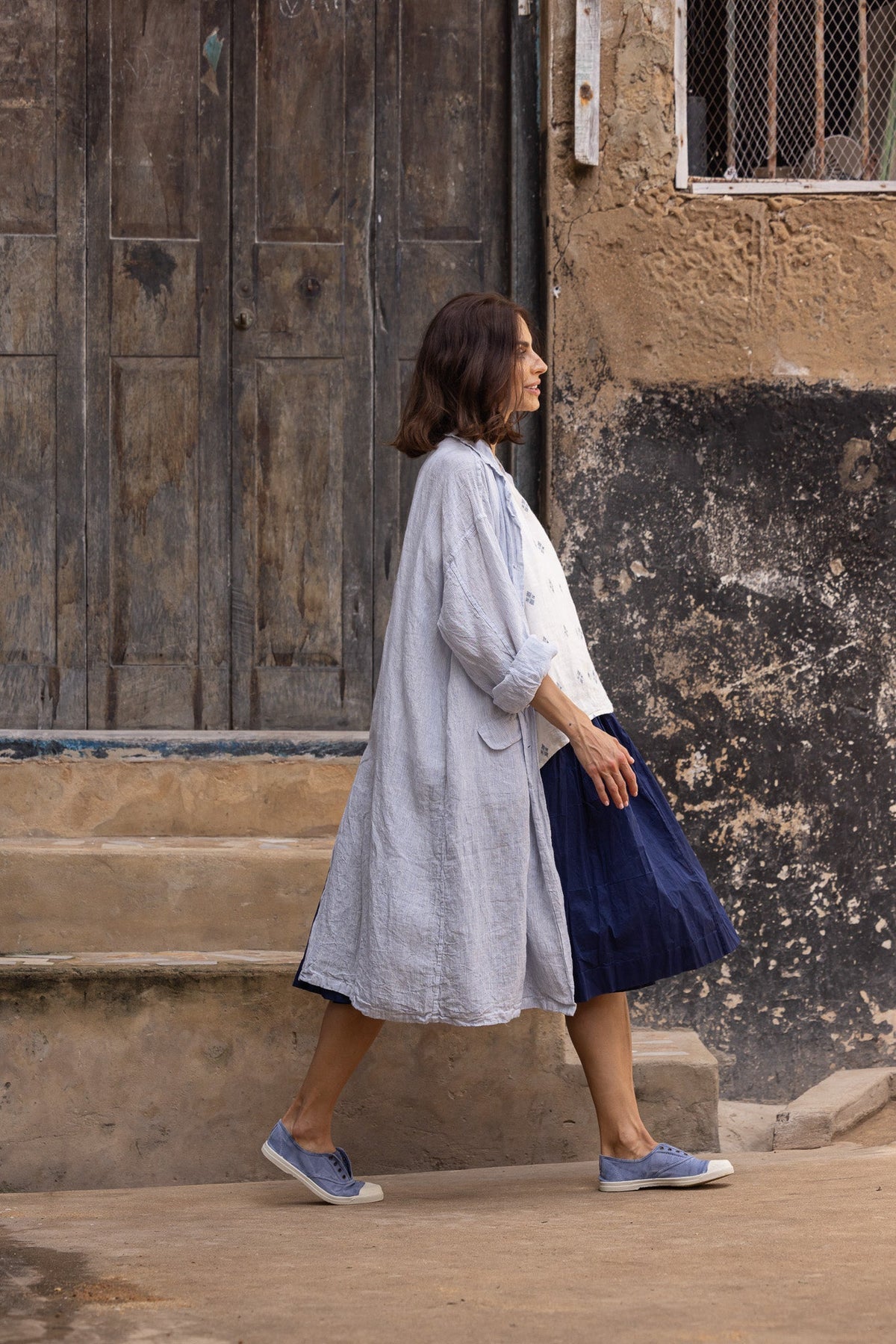 Piaf Coat Linen - Blue Pin Stripe