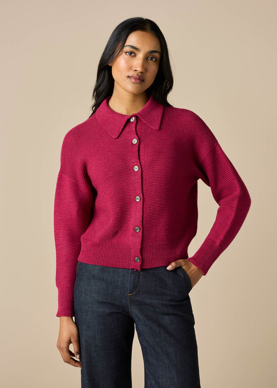 Pearl Merino Wool Cardigan with collar - magenta