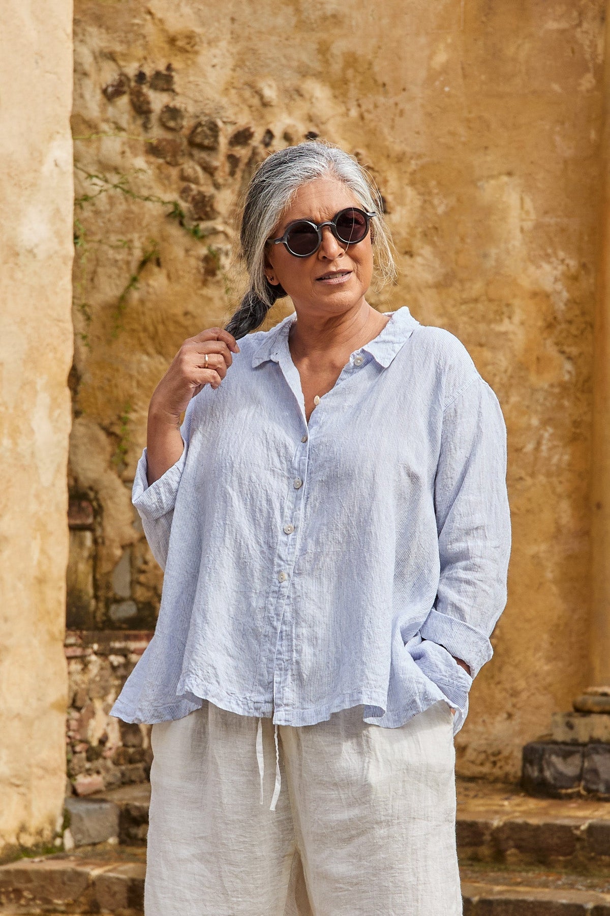 CHIARA linen SHIRT - Blue Pin Stripe