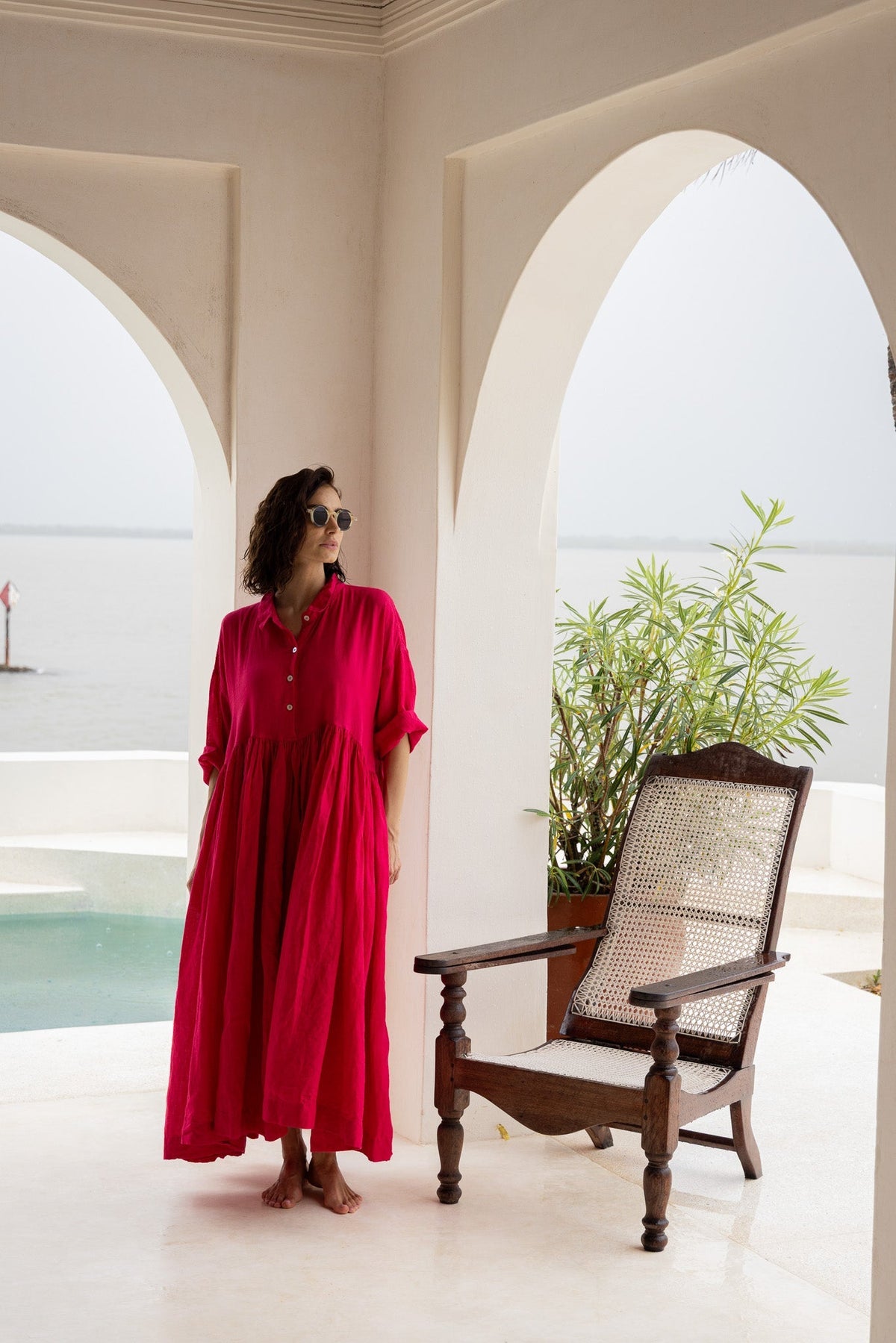 EDITH DRESS - linen - fuchsia