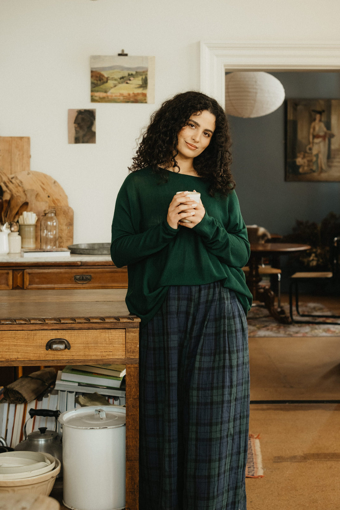 Freya French Linen Pants in Blue Tartan