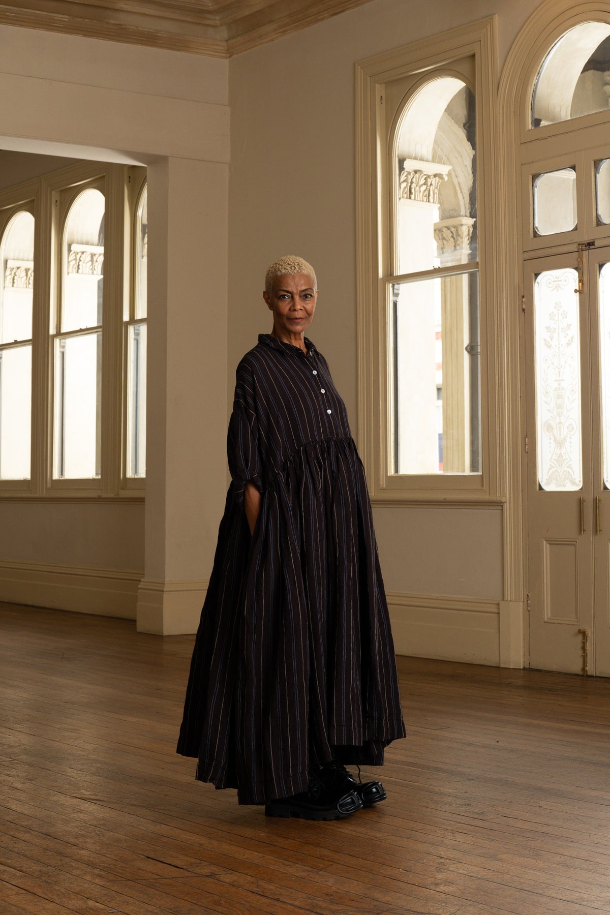 Edith Dress - Linen brown stripe