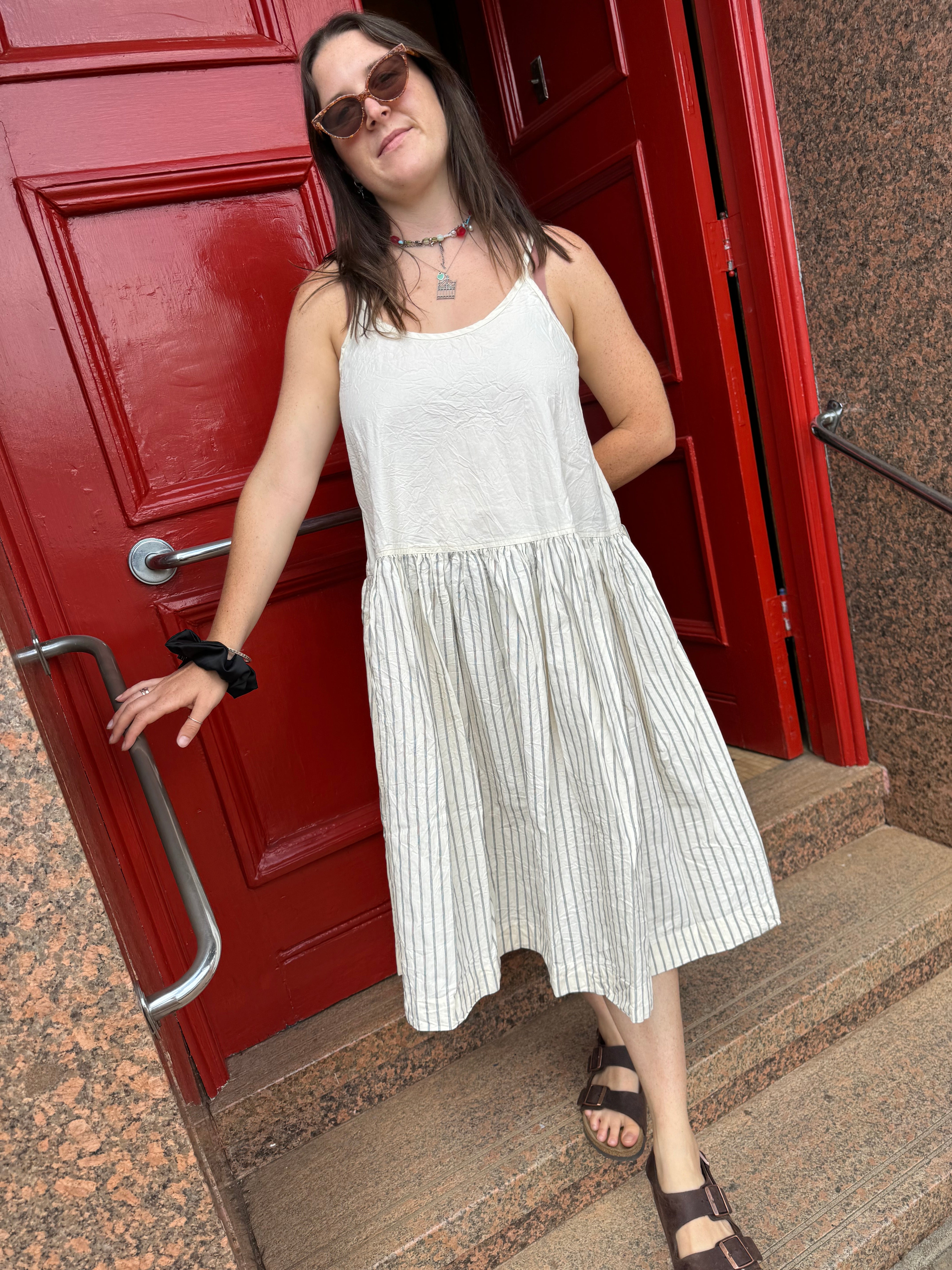 HIGH TEA SLIP DRESS SHORT - COTTON CREAM TICKING
