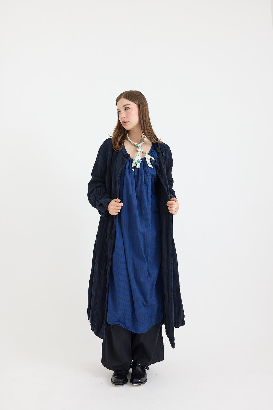 1915 Unisex Duster Jacket - Twill Weave Linen Stripe - Navy