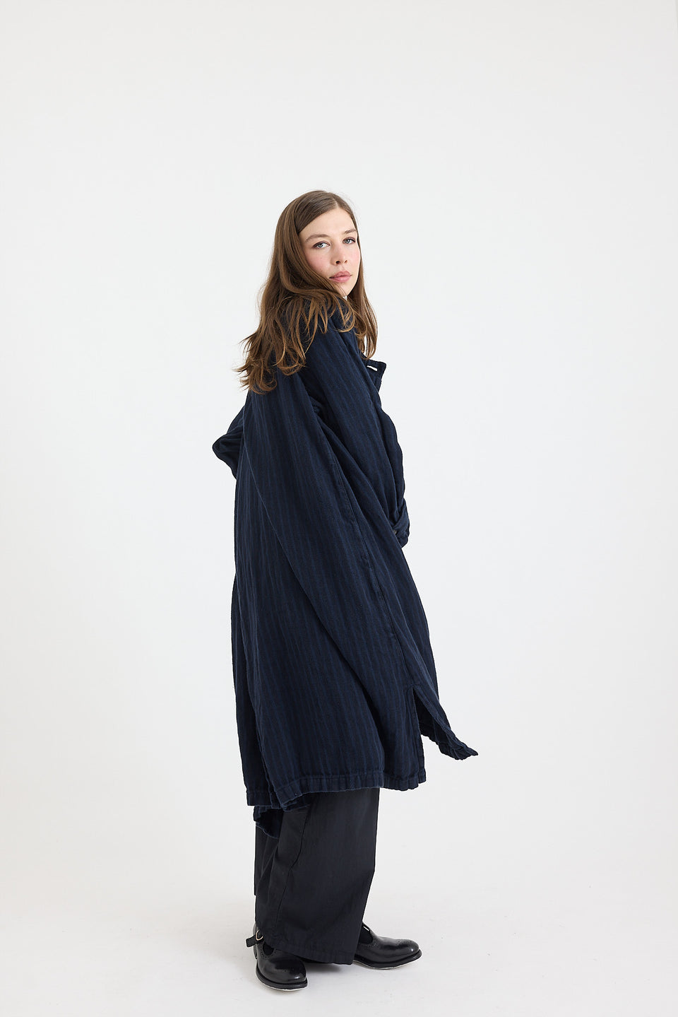 1915 Unisex Duster Jacket - Twill Weave Linen Stripe - Navy