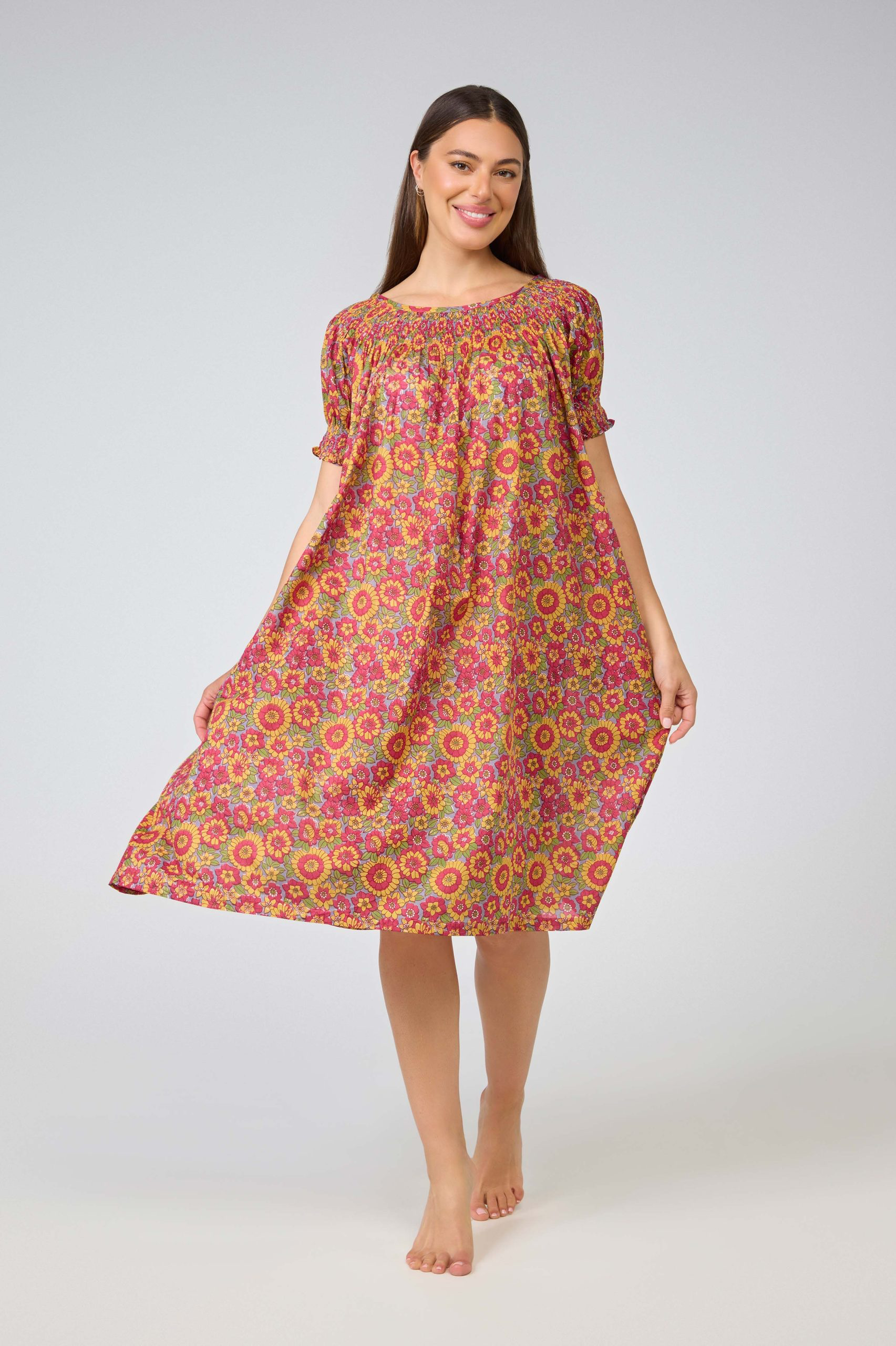 Shirred Bodice Short Sleeve Nightie - yellow/red flower