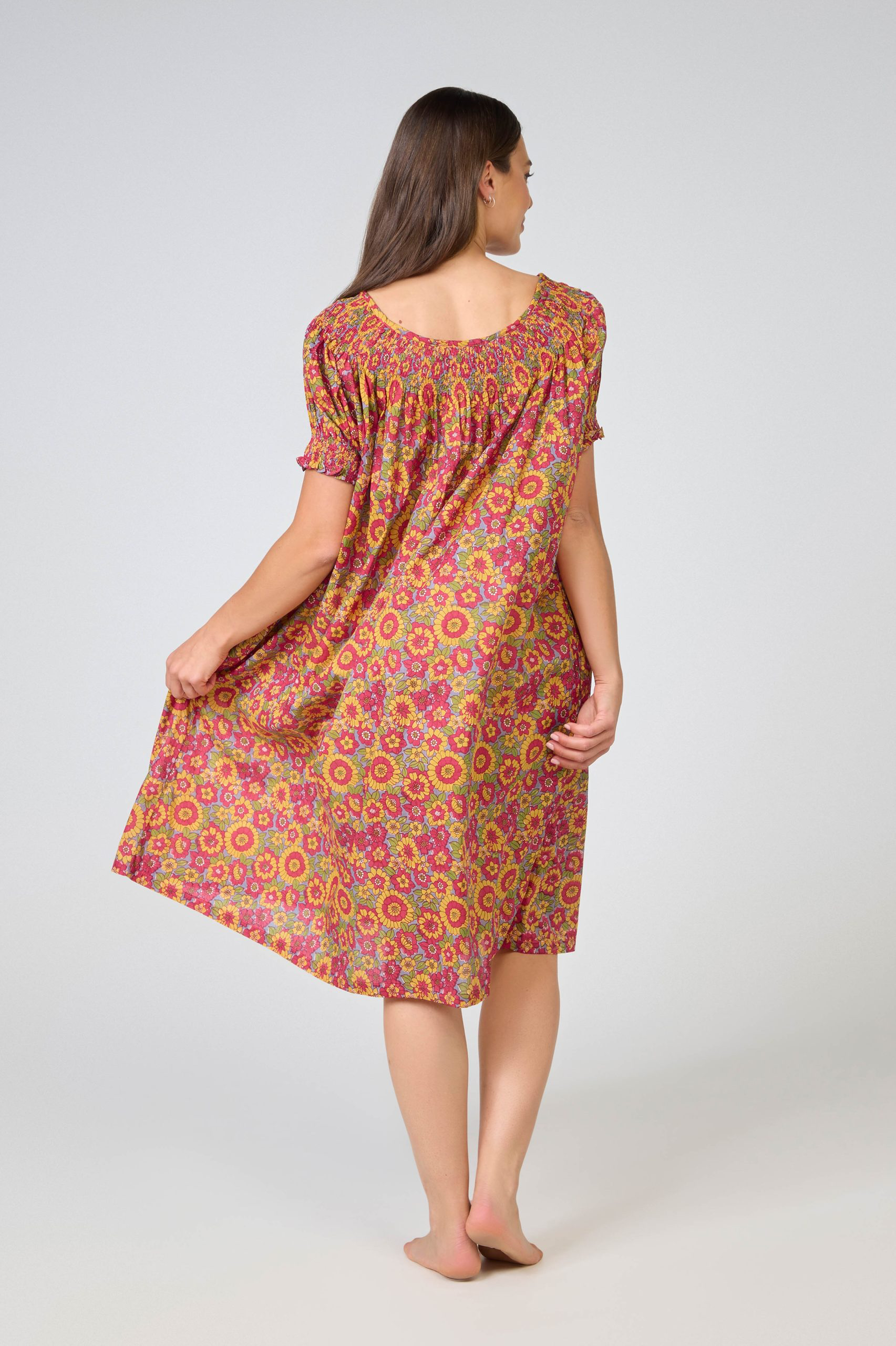 Shirred Bodice Short Sleeve Nightie - yellow/red flower