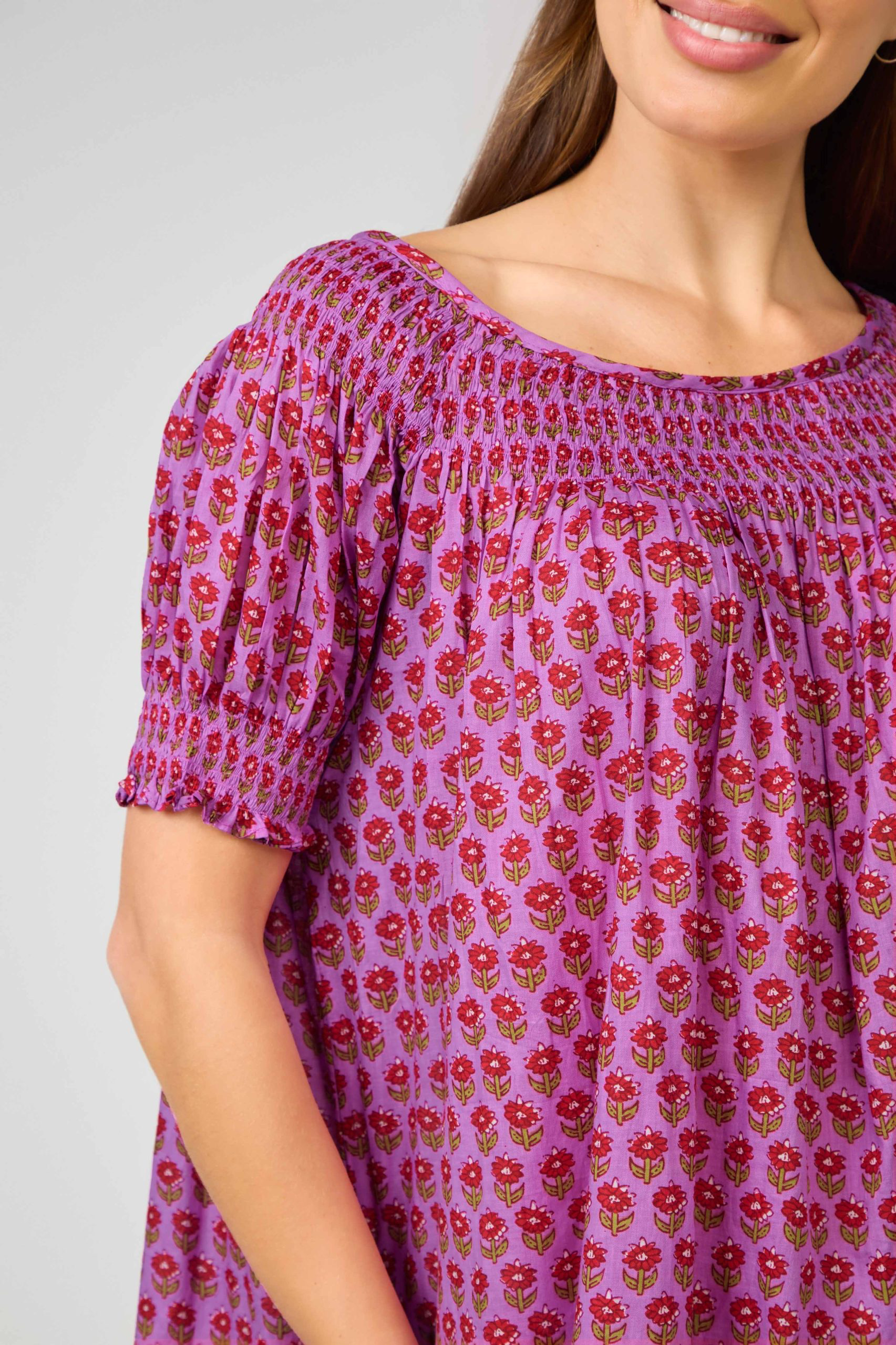 Shirred Bodice Short Sleeve Nightie - purple/red flower