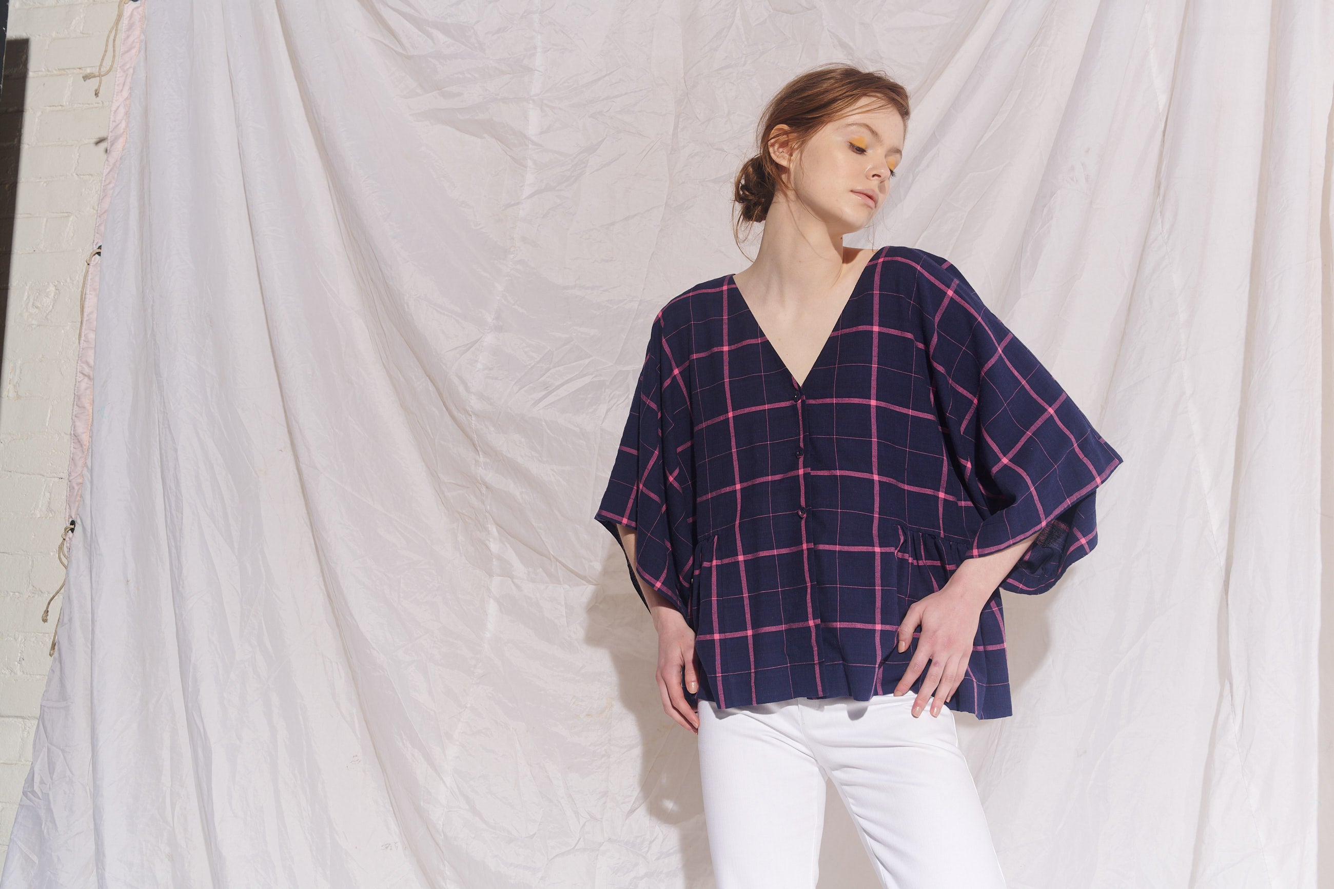 Kiki Kimono Sleeve Blouse - Indigo/Pink