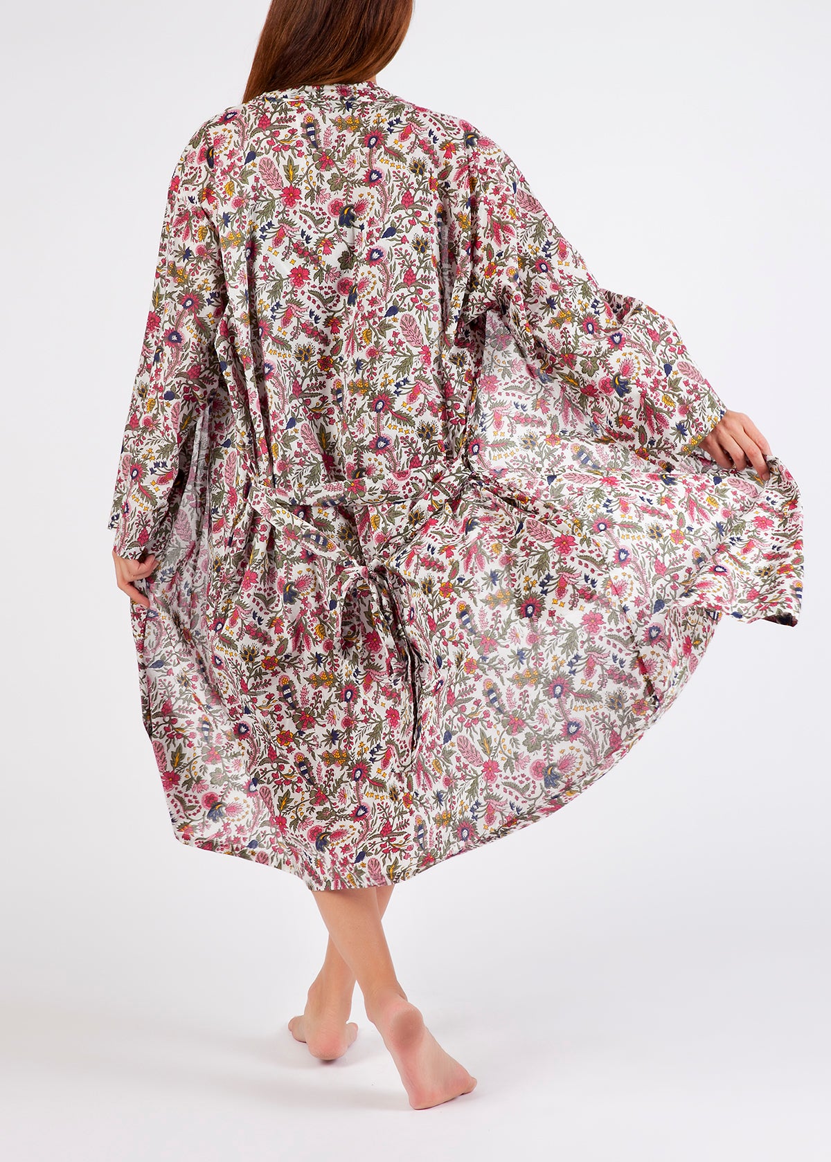 Hand Block Printed Dressing Gown - Pink/Red Floral