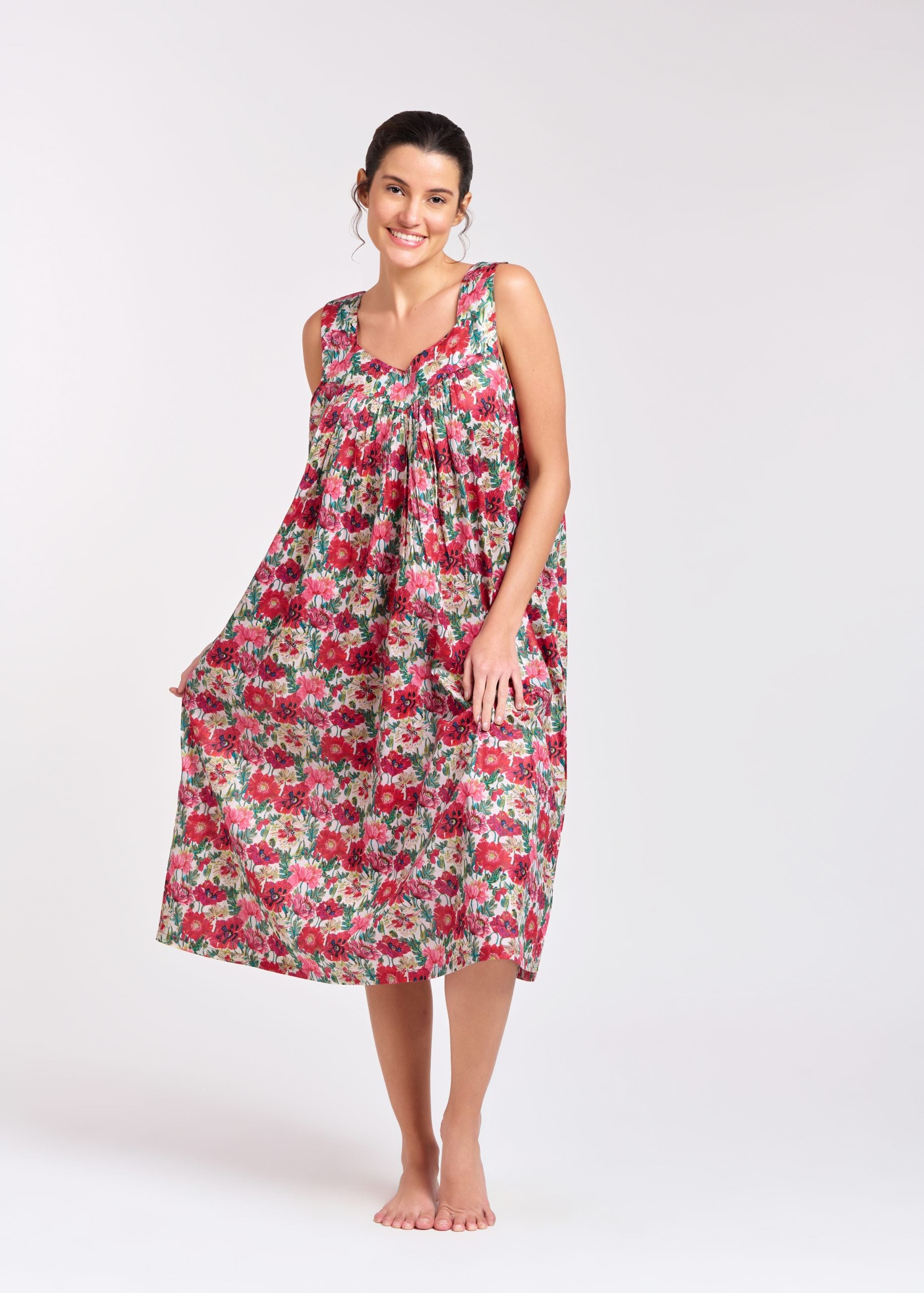 Hand Block Printed V-Neck Nightie - Red Flower Floral