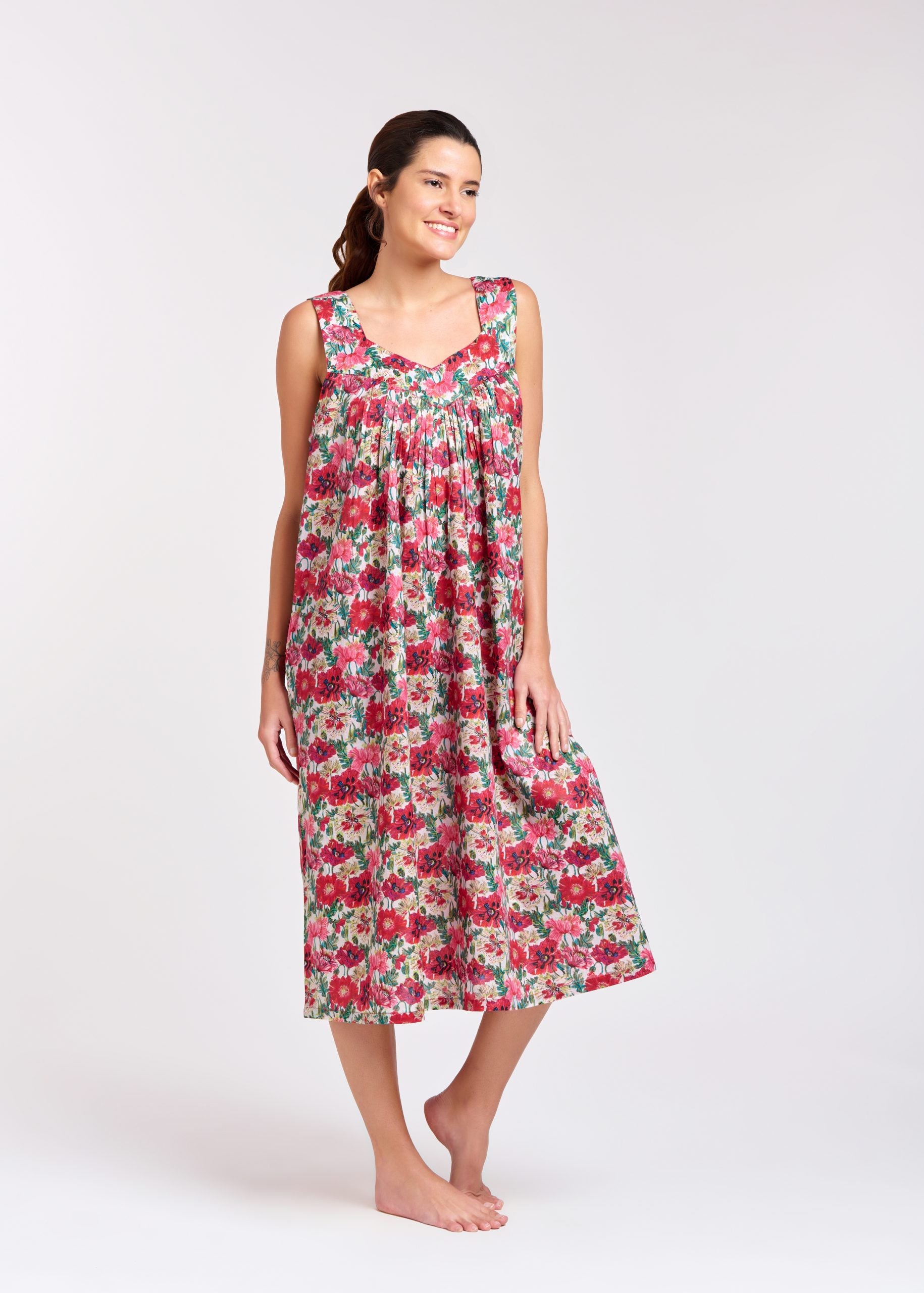 Hand Block Printed V-Neck Nightie - Red Flower Floral