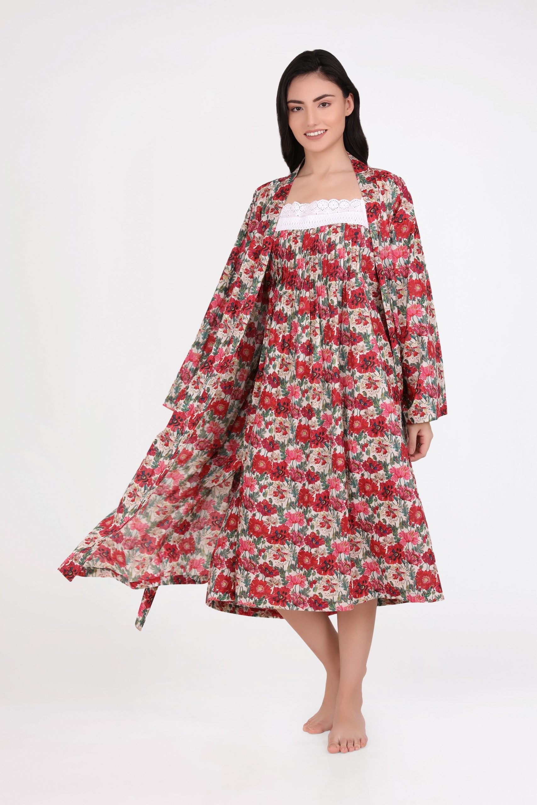 Hand Block Printed Dressing Gown - Red Flower Floral