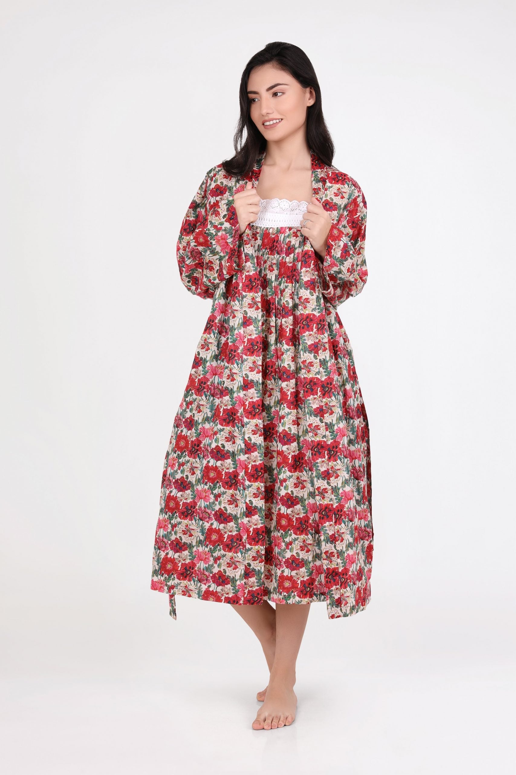 Hand Block Printed Dressing Gown - Red Flower Floral