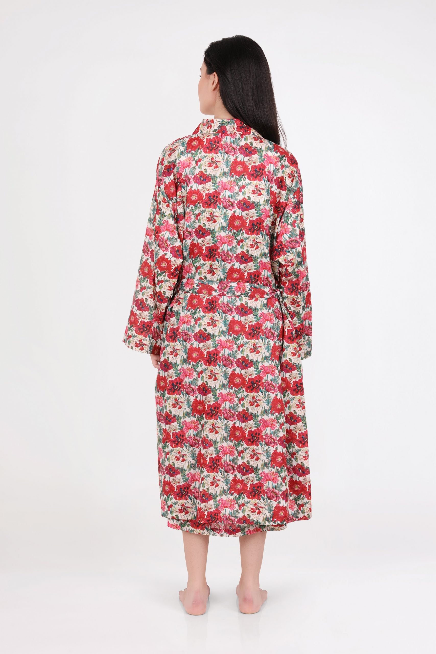 Hand Block Printed Dressing Gown - Red Flower Floral