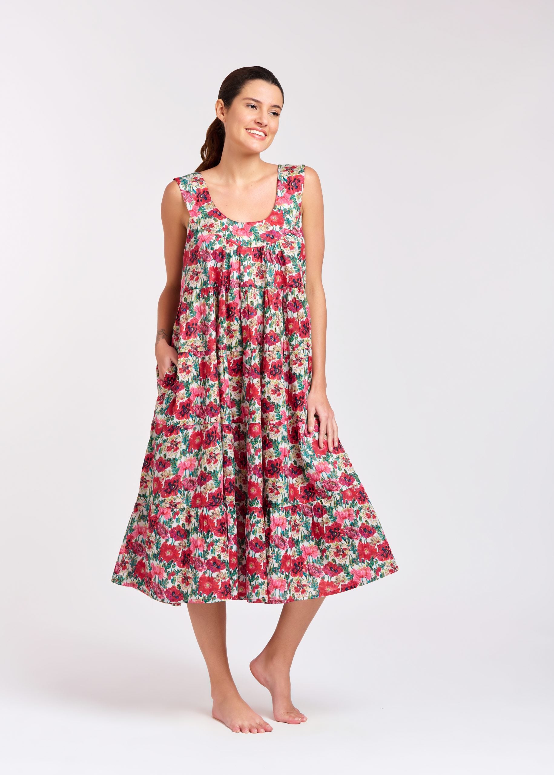 Hand Block Printed Tiered Nightie - Red Flower Floral