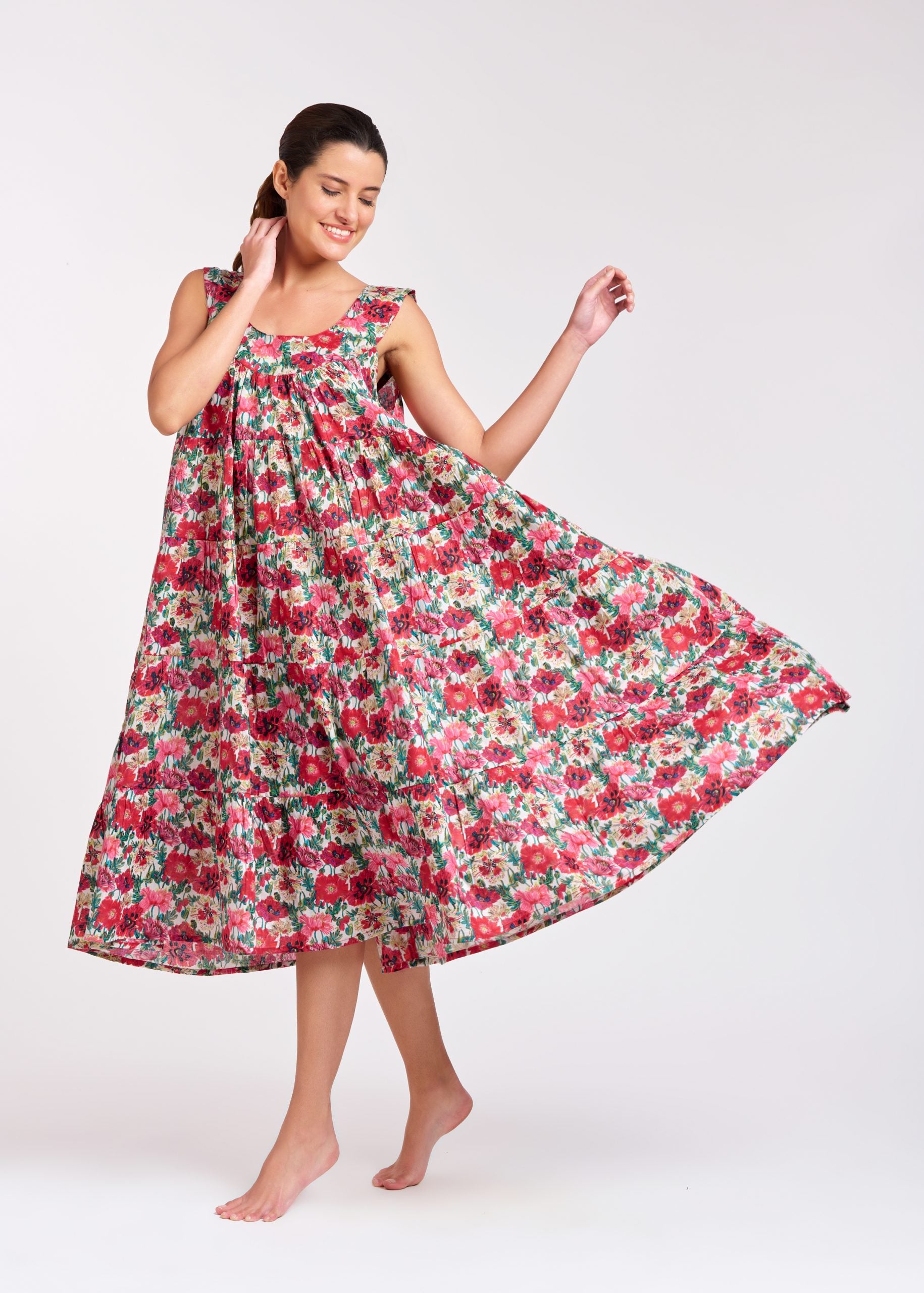 Hand Block Printed Tiered Nightie - Red Flower Floral