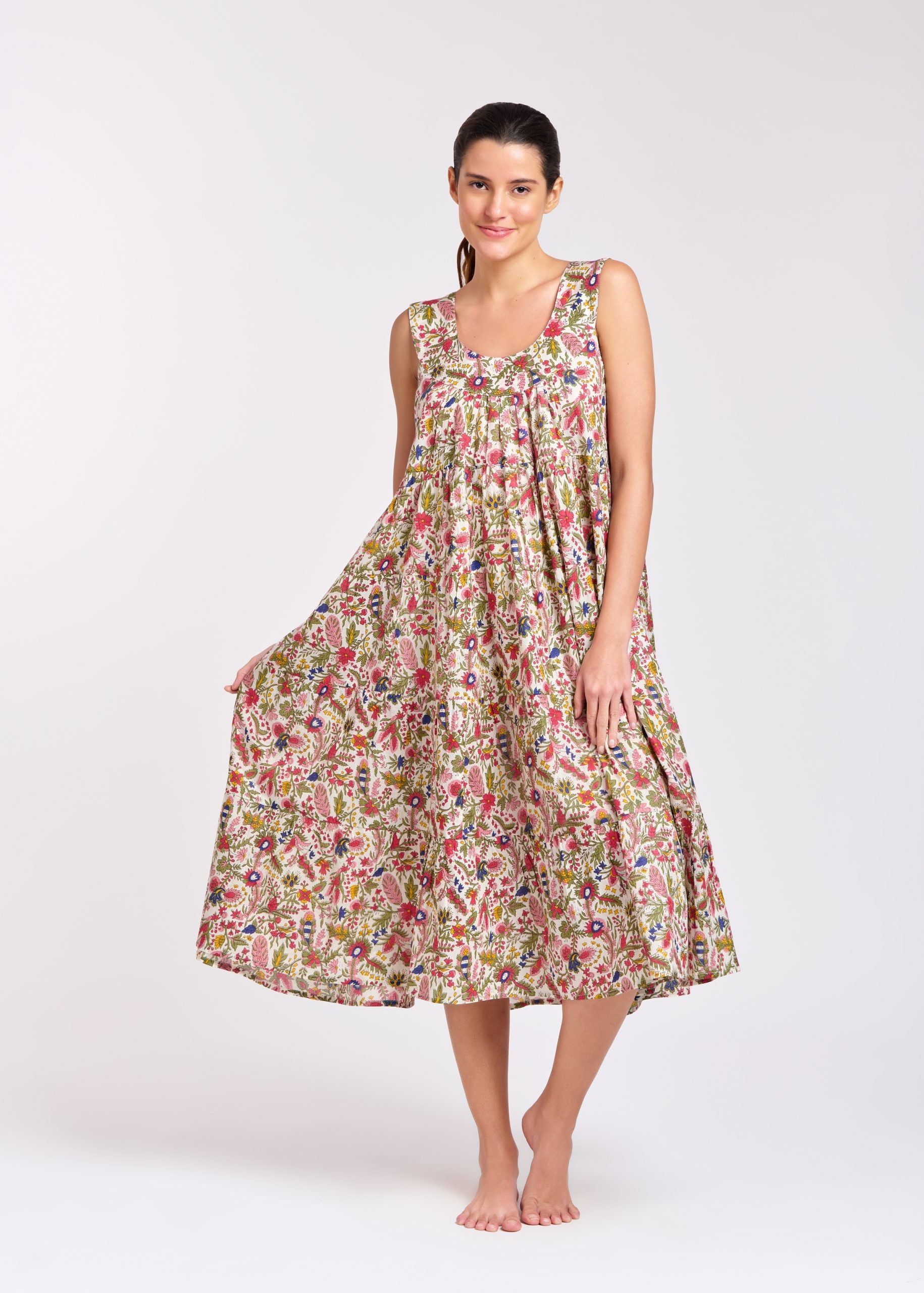 Hand Block Printed Tiered Nightie - Pink/Red Floral