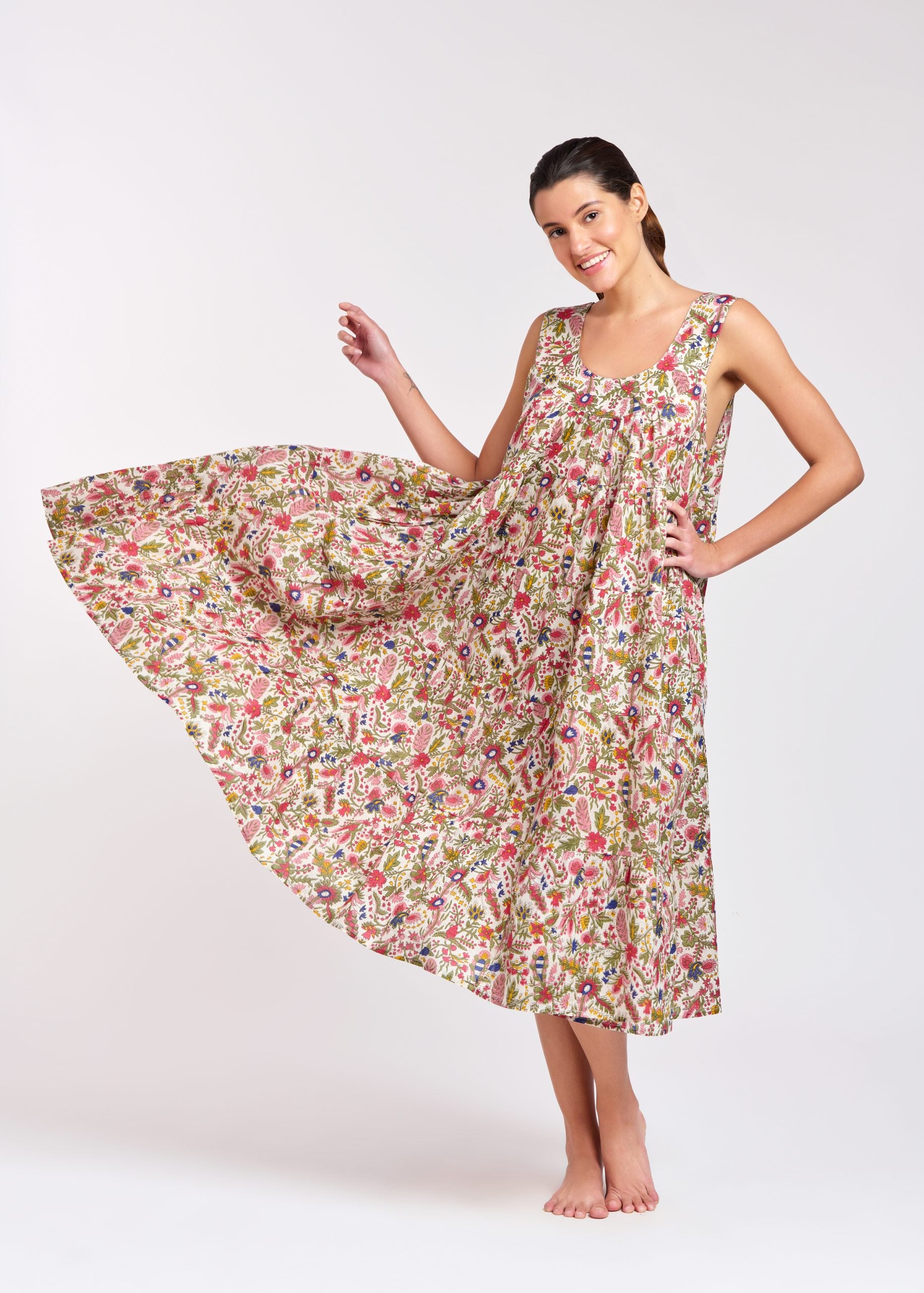 Hand Block Printed Tiered Nightie - Pink/Red Floral
