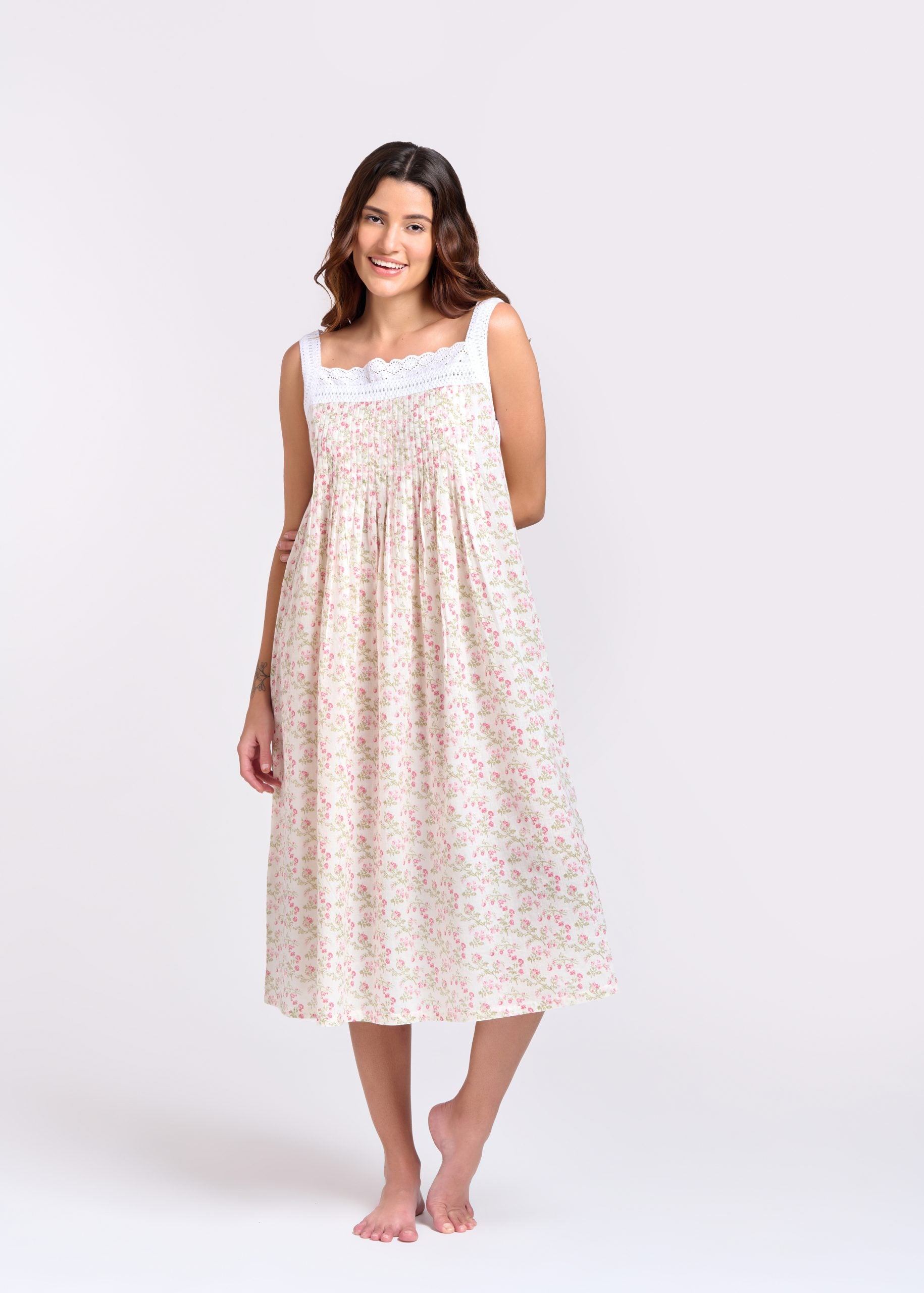 Hand Block Printed Lace Nightie - Soft Pink Floral