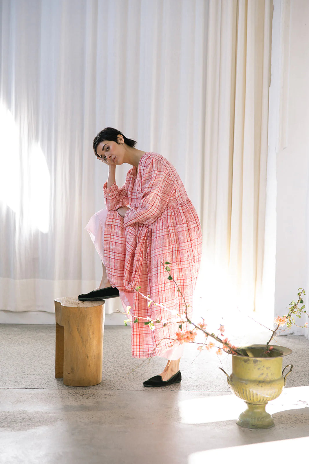 Amilie Wrap Dress - Red & Pink Check Linen