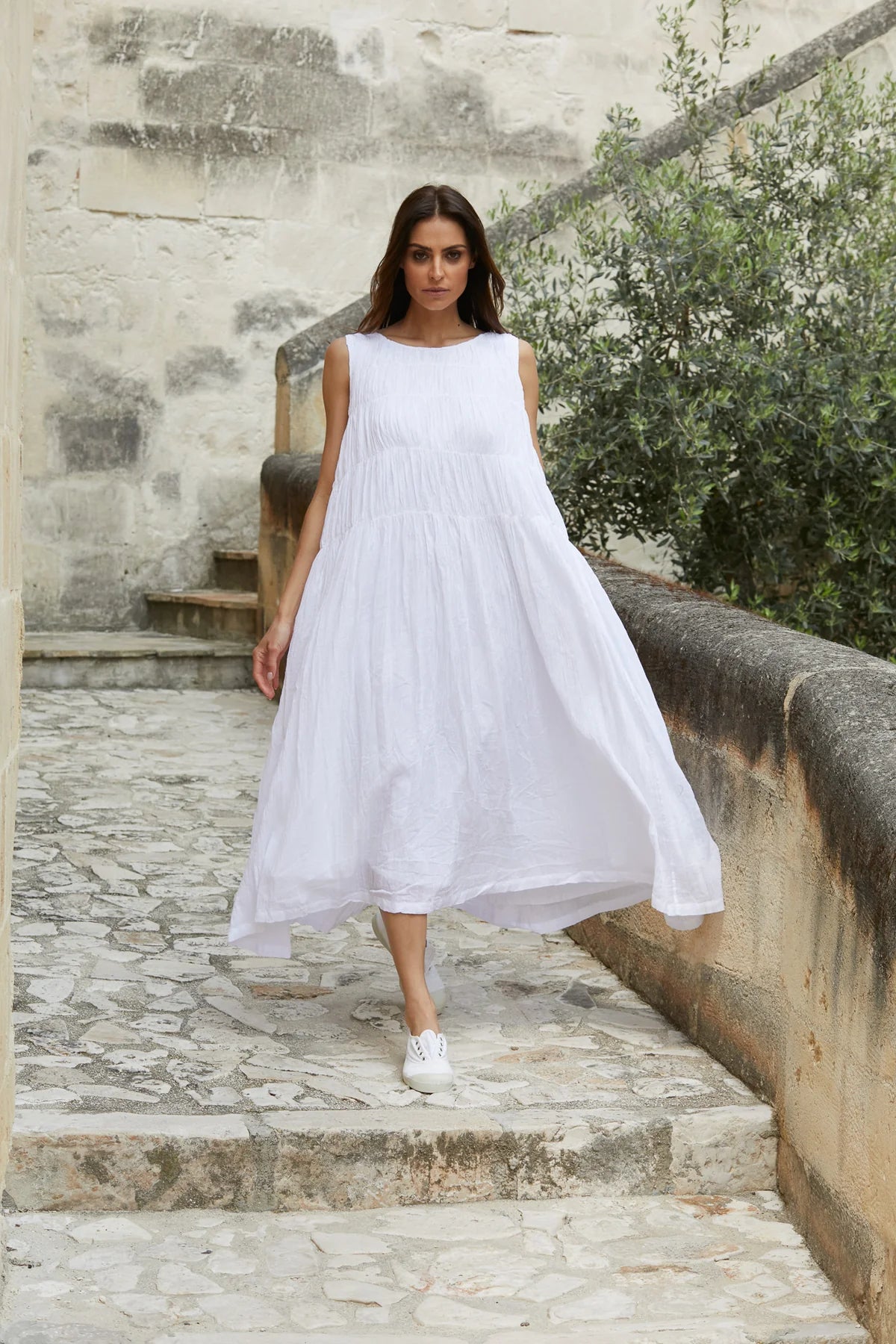 ATHENA DRESS LONG GAUZE COTTON White megbydesign long sleeveless dress with front ruching