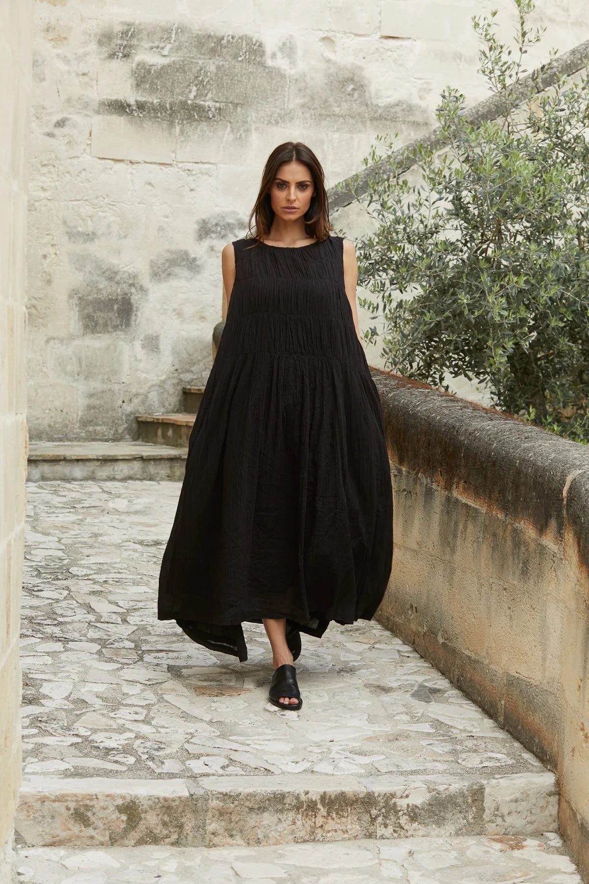 ATHENA DRESS LONG GAUZE COTTON - Black