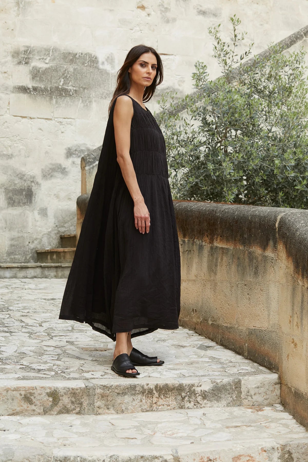 ATHENA DRESS LONG GAUZE COTTON - Black