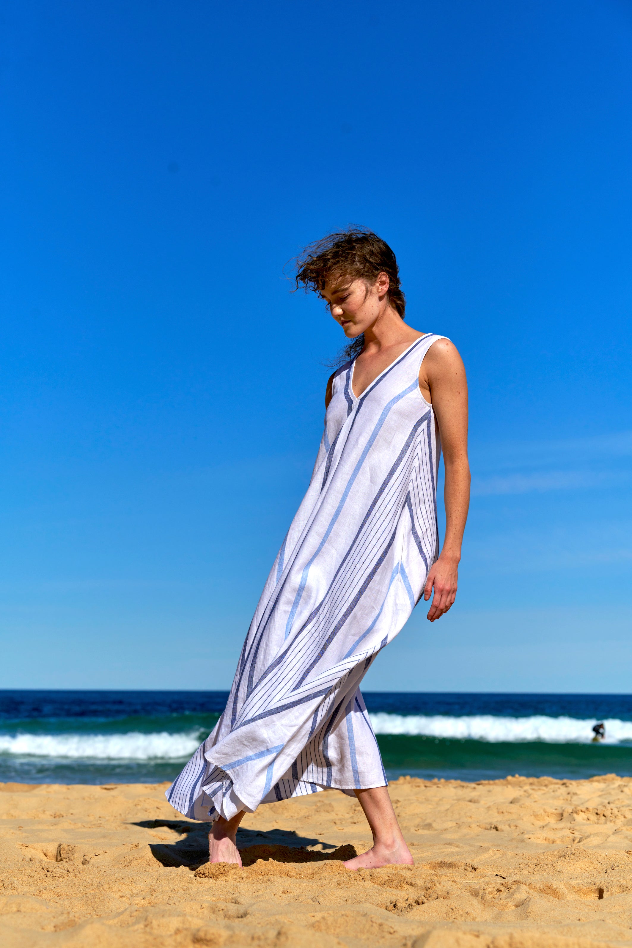 Sasha Dress Stripe Linen White