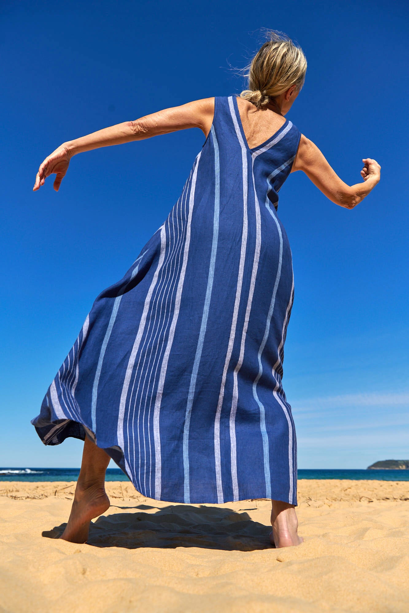Sasha Dress Stripe Linen Indigo