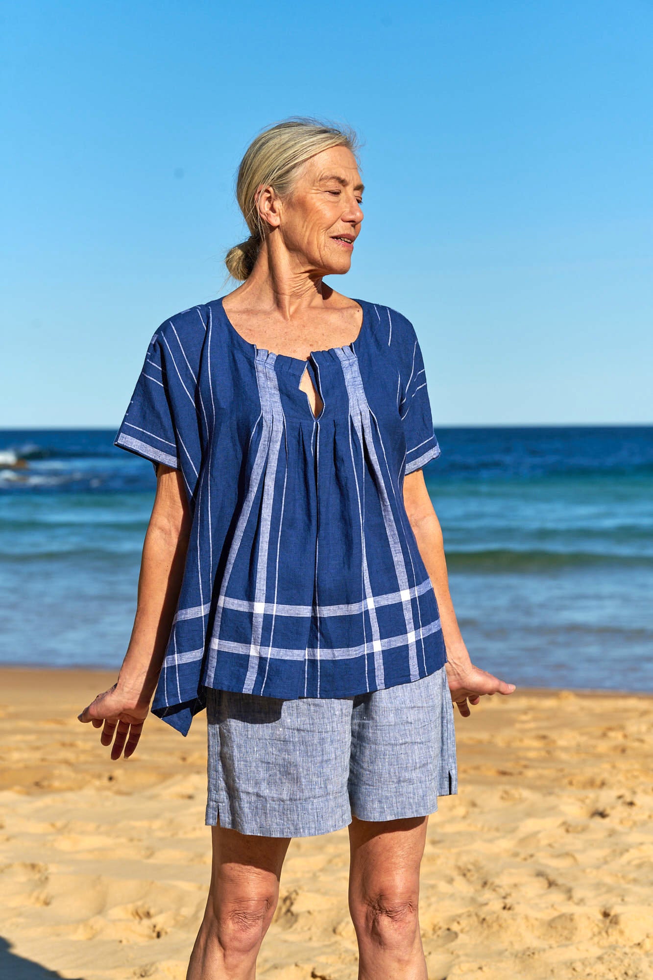 Tuck Top Plaid Linen Indigo