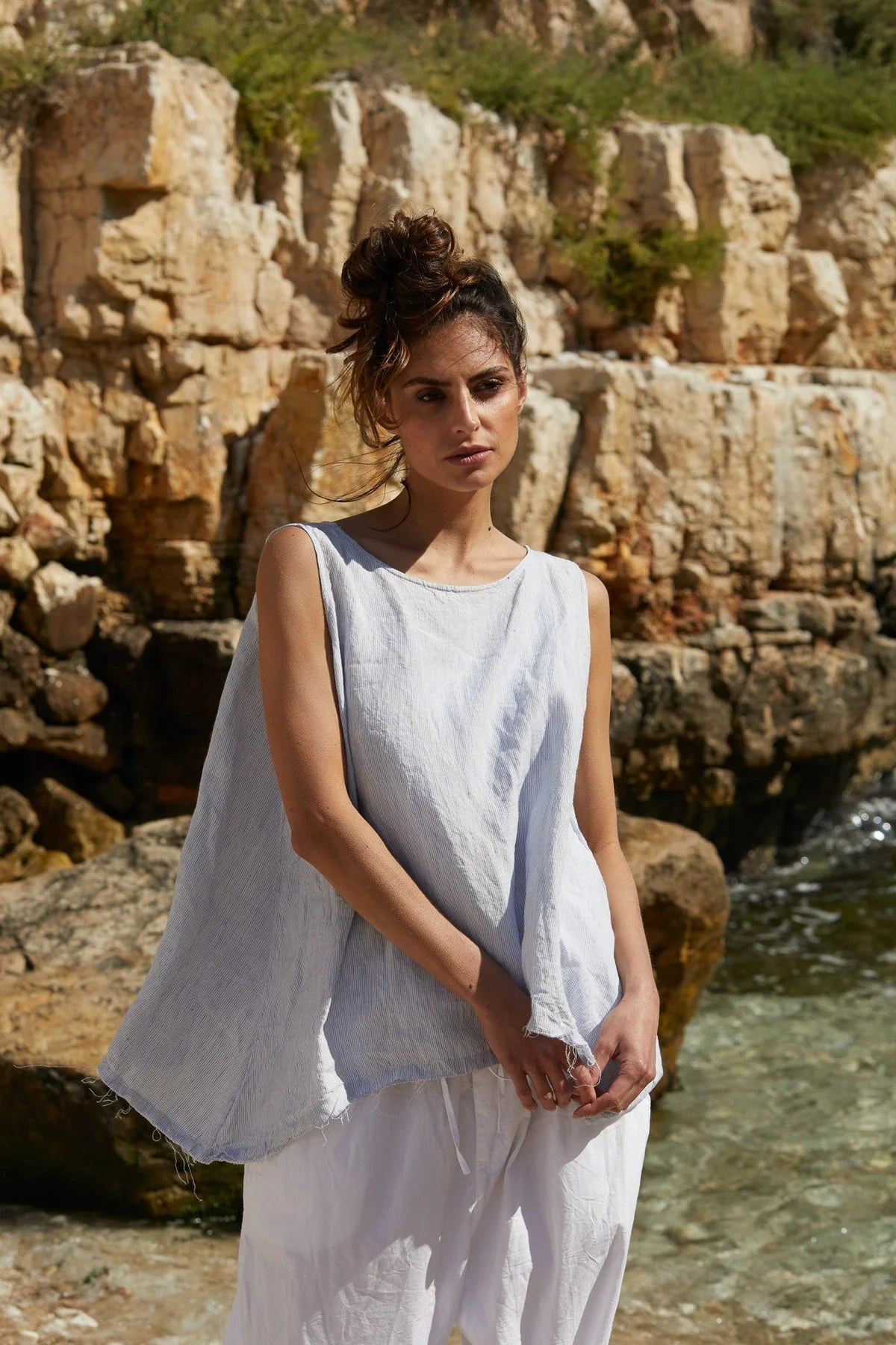 Gia Top - Linen Blue Pin Stripe